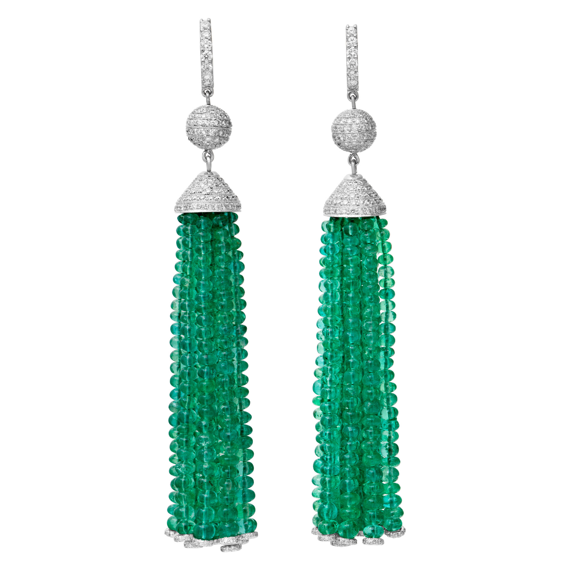 Fabulous 18k white gold emerald tassel drop earrings with diamonds