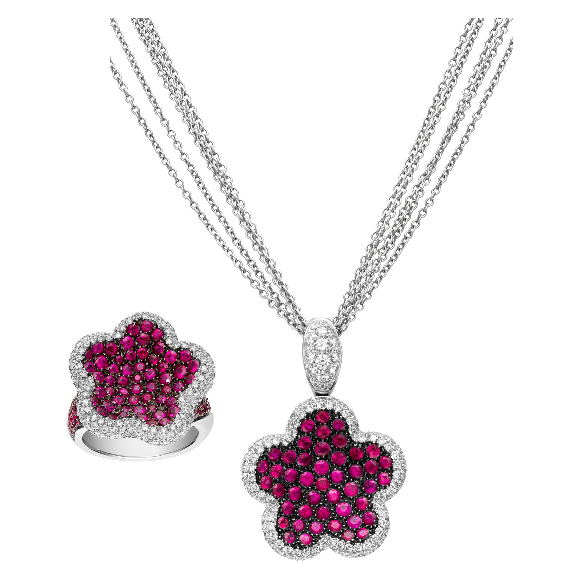 Pink sapphire & diamond 2 pieces pendant/necklace & ring set in 18k white gold
