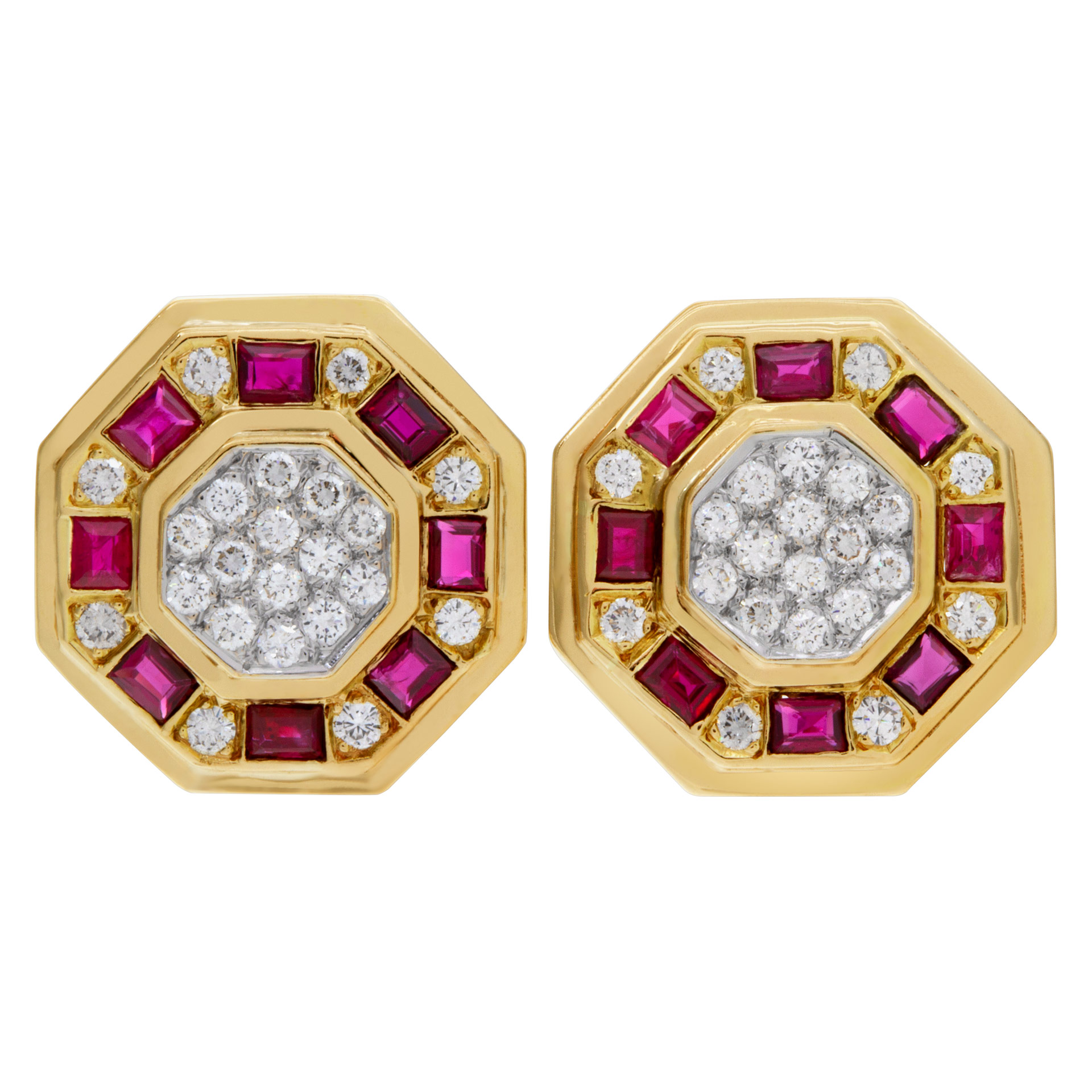 Classic elegance. Diamond and ruby earrings with post & omega clip on, set in 14k yellow gold, (Stones)