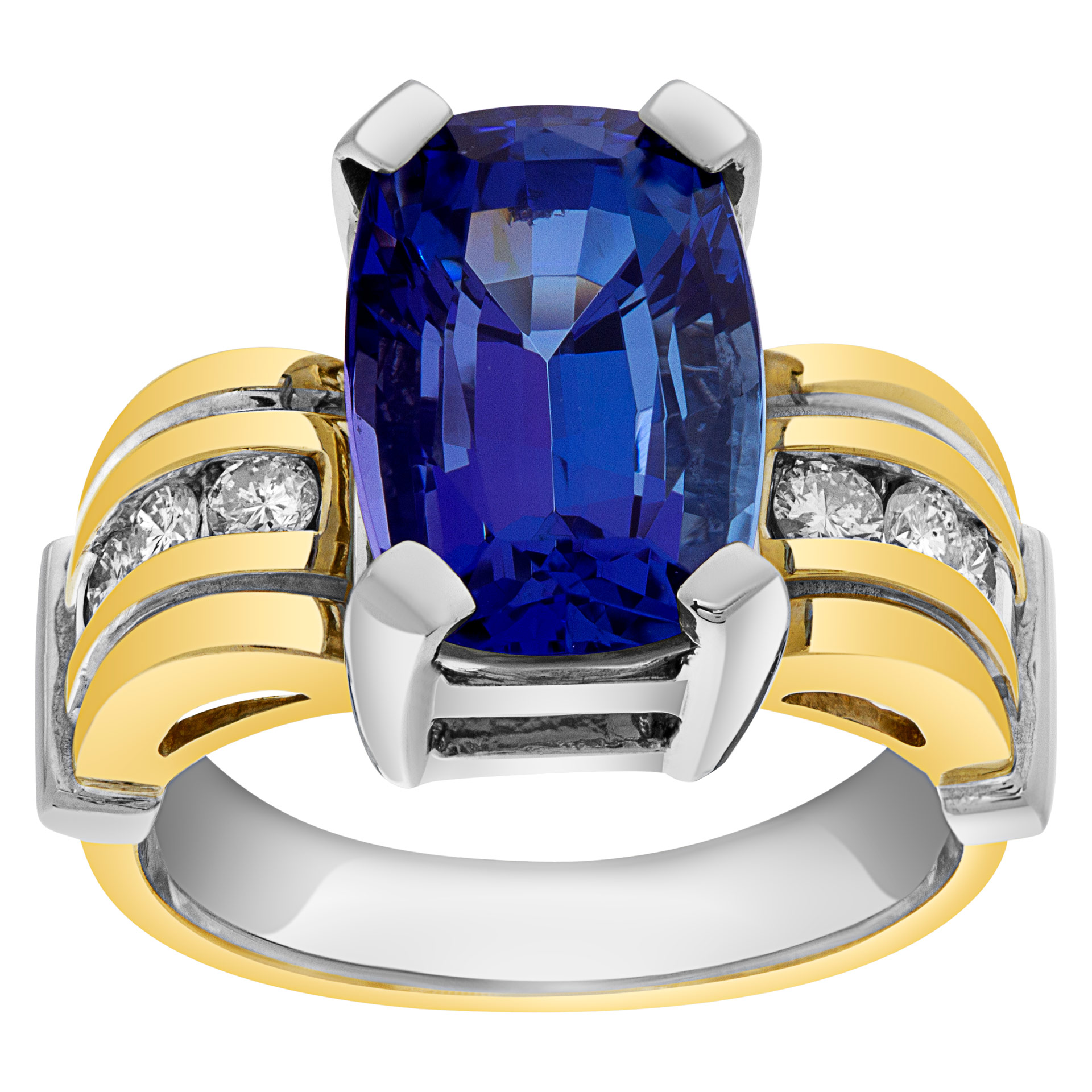 AGL certified 7.34 carats cushion cut tanzanite & round brilliant cut diamonds ring set in 14k white and yellow gold (Stones)