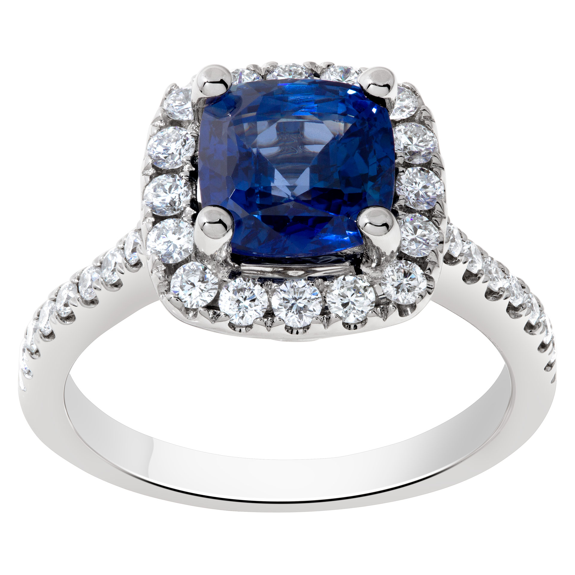 Diamond and cushion brilliant cut sapphire ring in 18k white gold.