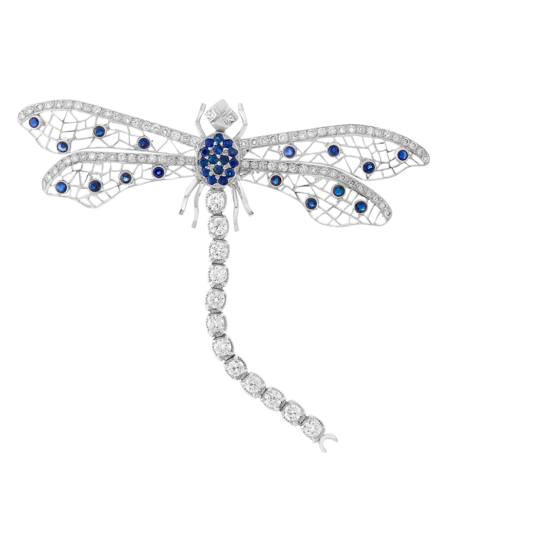 Beautiful dragonfly brooch with 3 carats diamonds ( (G-H color, VS clarity) and 1.5 carat blue sapphires