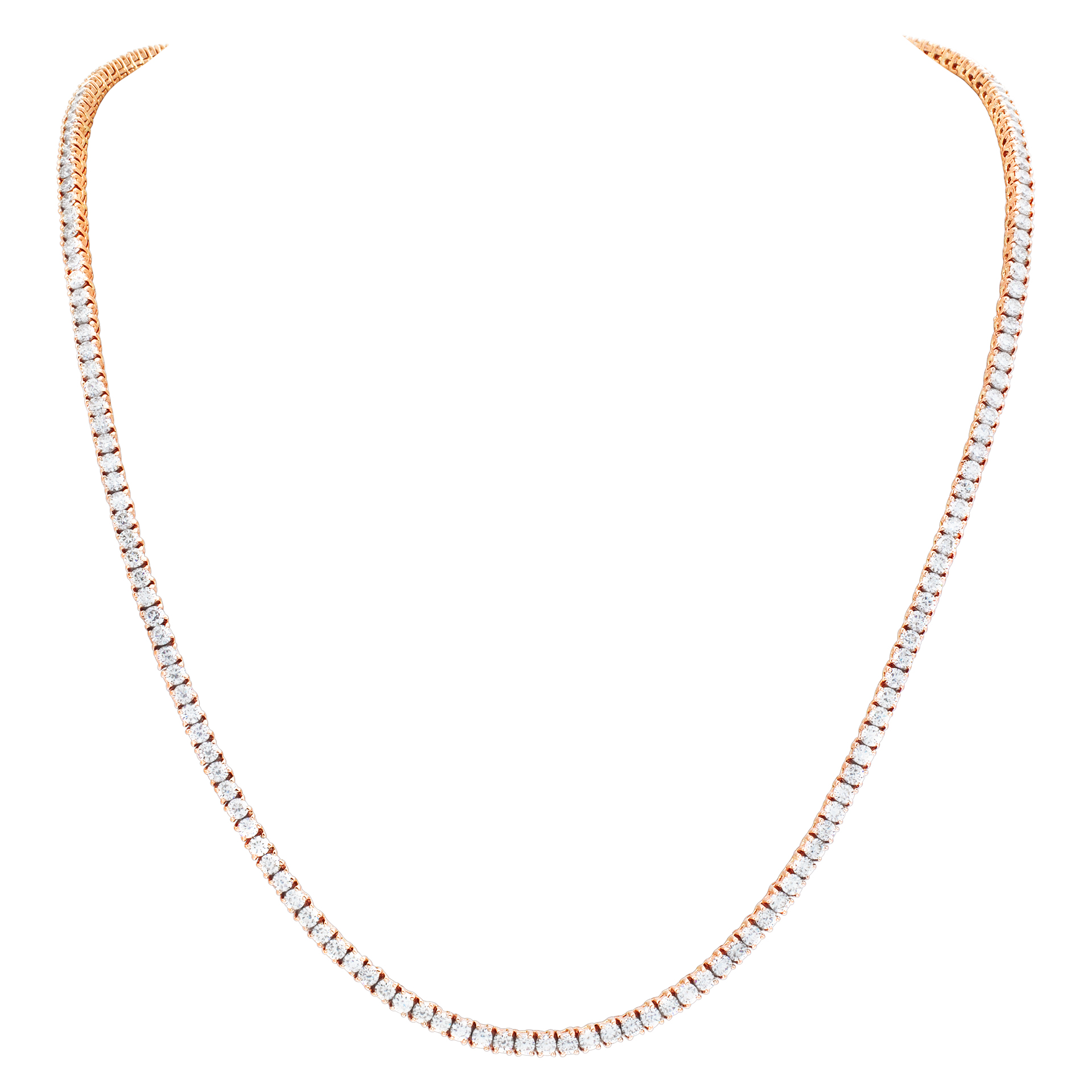 Line  necklace with 17.85 carats full cut round brilliant diamonds set in 14K rose gold.