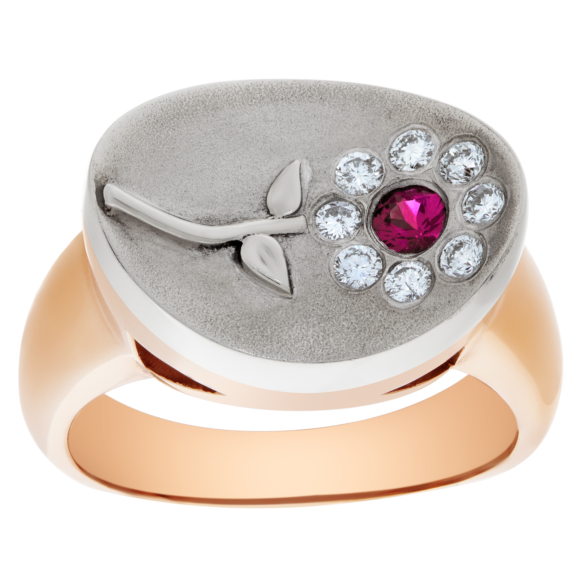 Ruby & diamond flower ring in 14k rose and white gold