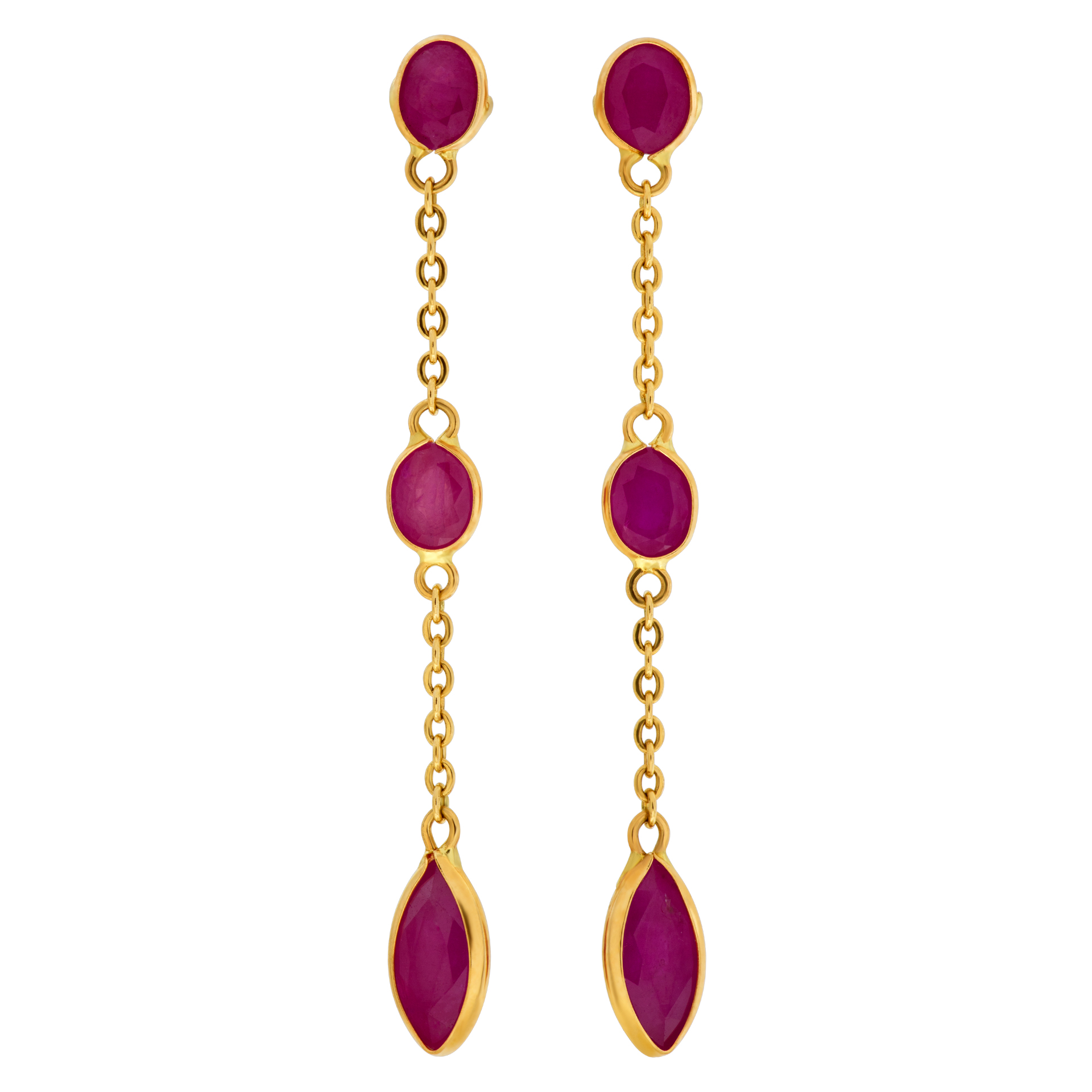 Elegant ruby drop earrings in 14k yellow gold with approximately 3.23 carats in rubies. 1.5" hanging length