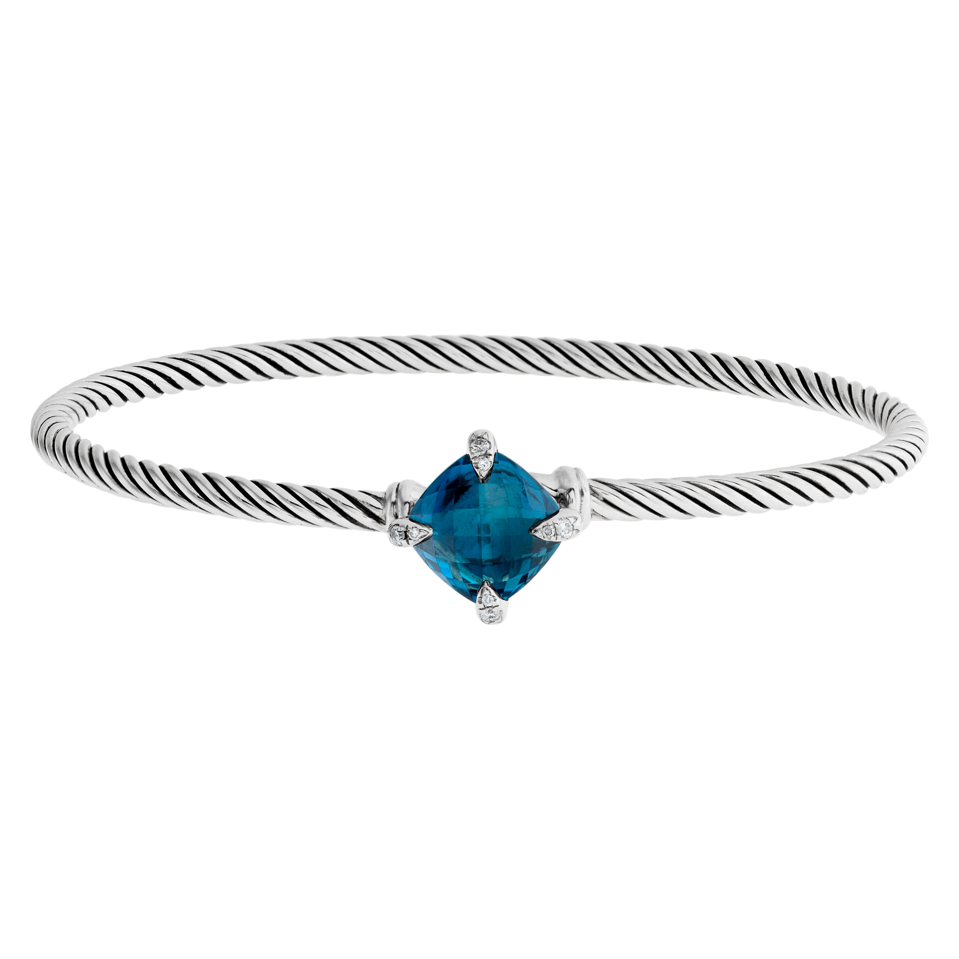 David Yurman "Chatelaine" bangle in sterling silver w/ blue topaz and diamonds prongs.