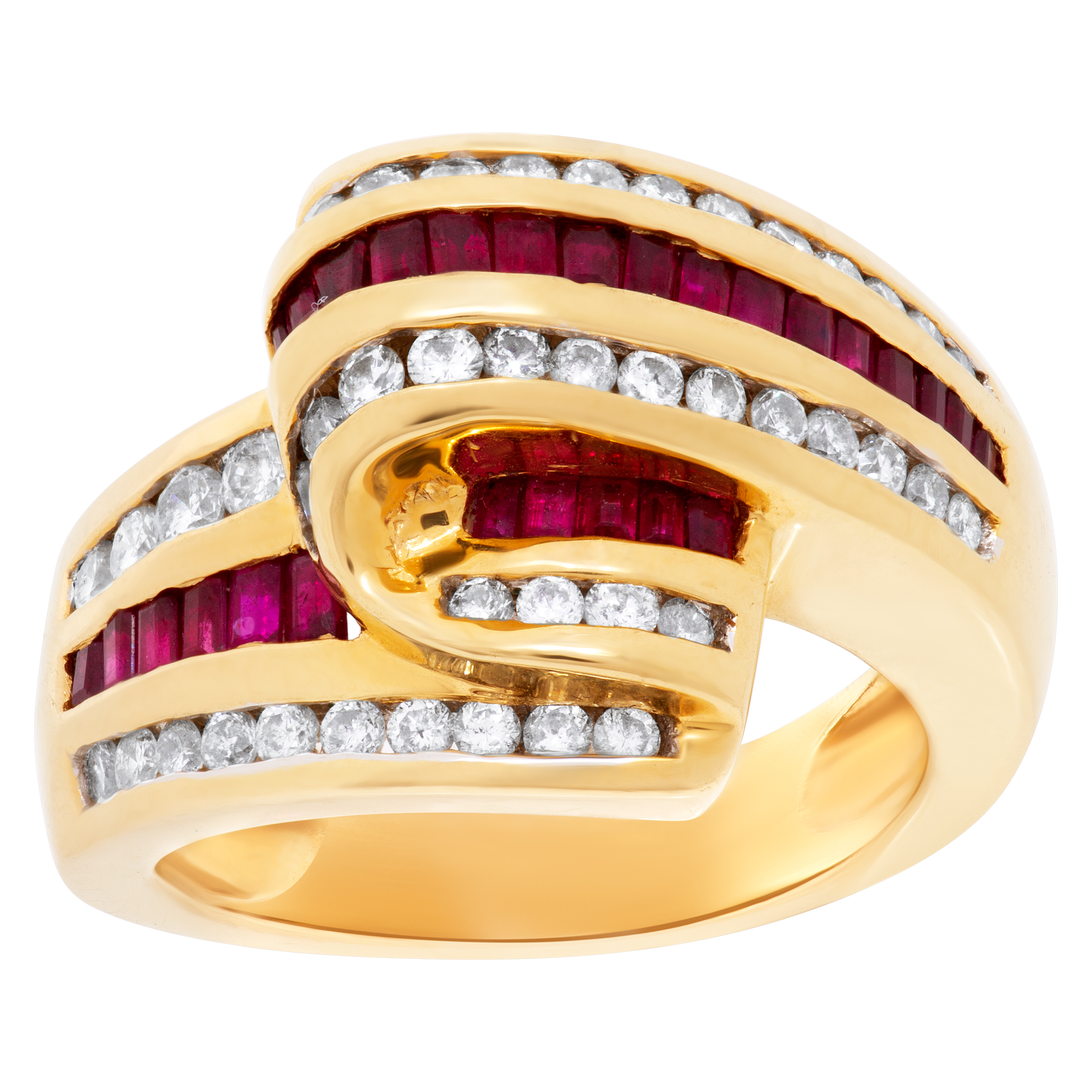 Ruby & diamond bypass swirl ring in 18k