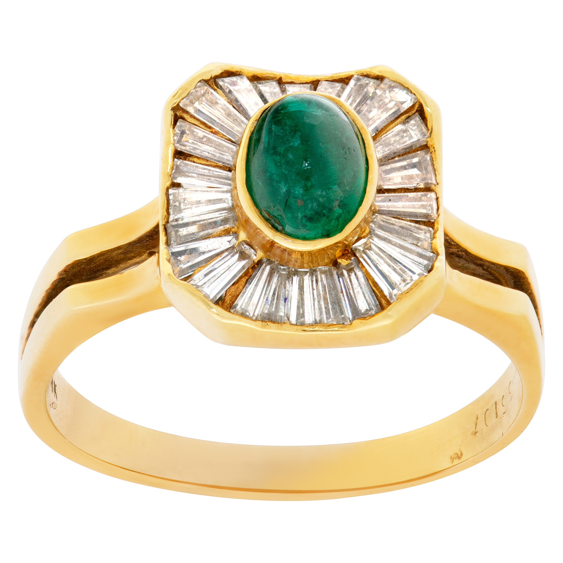"Ballerina" cabochon emerald & diamond baguettes ring, set in 18k yellow gold