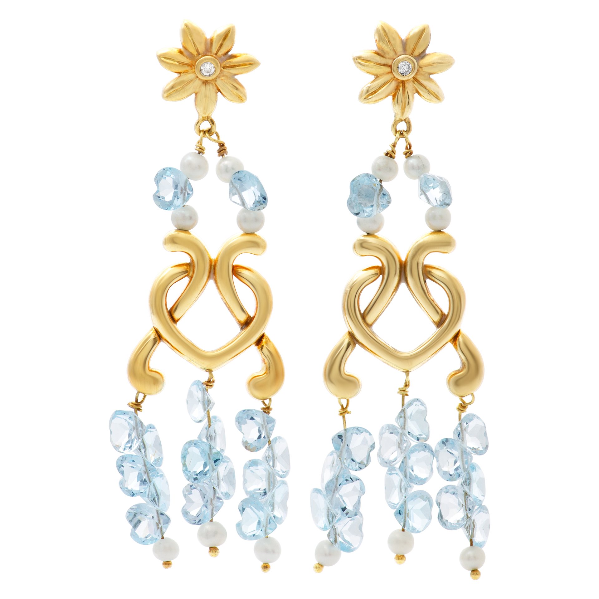 Dangling earrings with heart shape blue topaz, pearls and diamonds set in 18k yelow gold