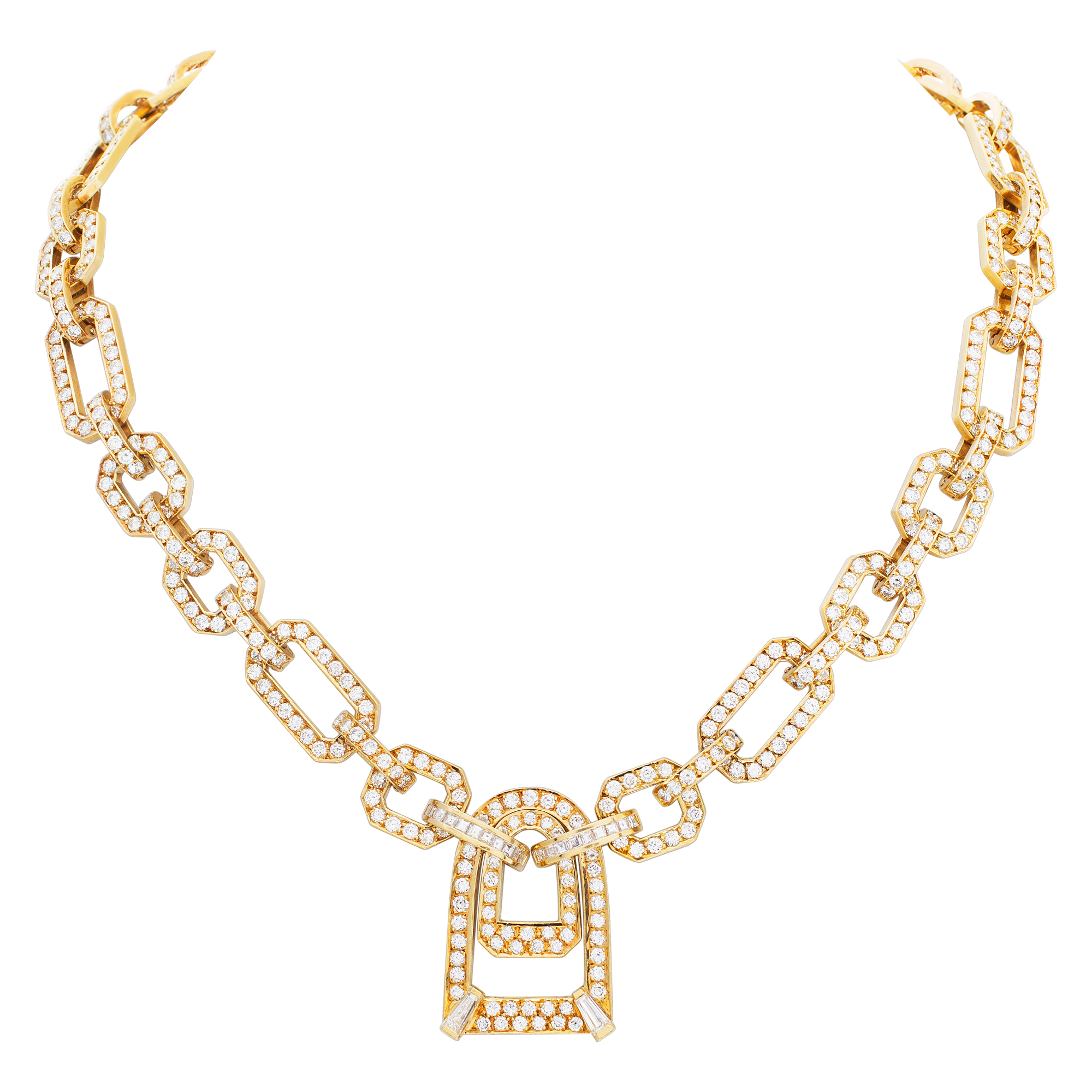Geometric sparkling necklace with approx. 14 carats, full cut round brilliant and baguette diamond set in 18K yelllow gold
