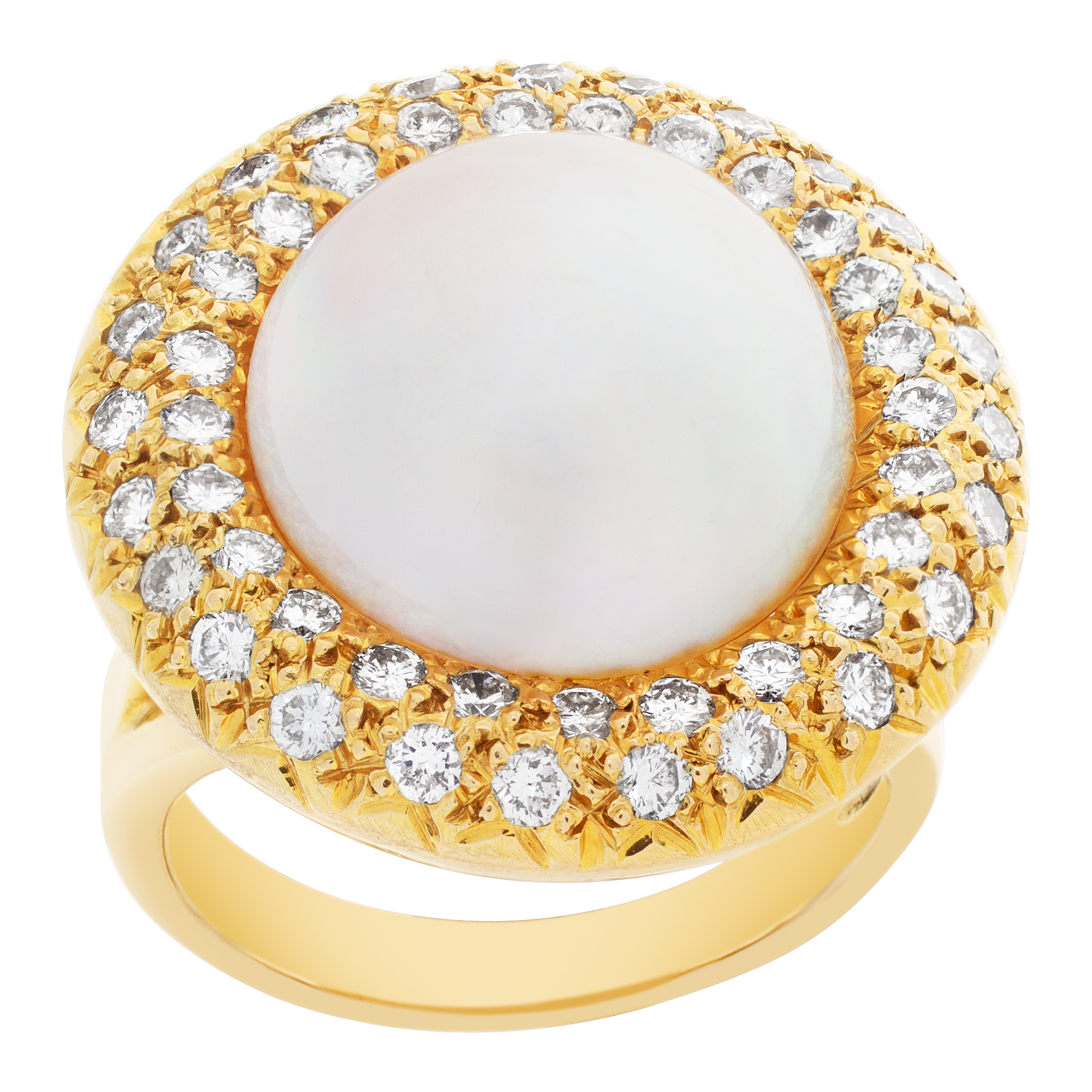Mabe pearl ring with full cut round brilliant HAlo diamonds set in 14Kt yellow gold