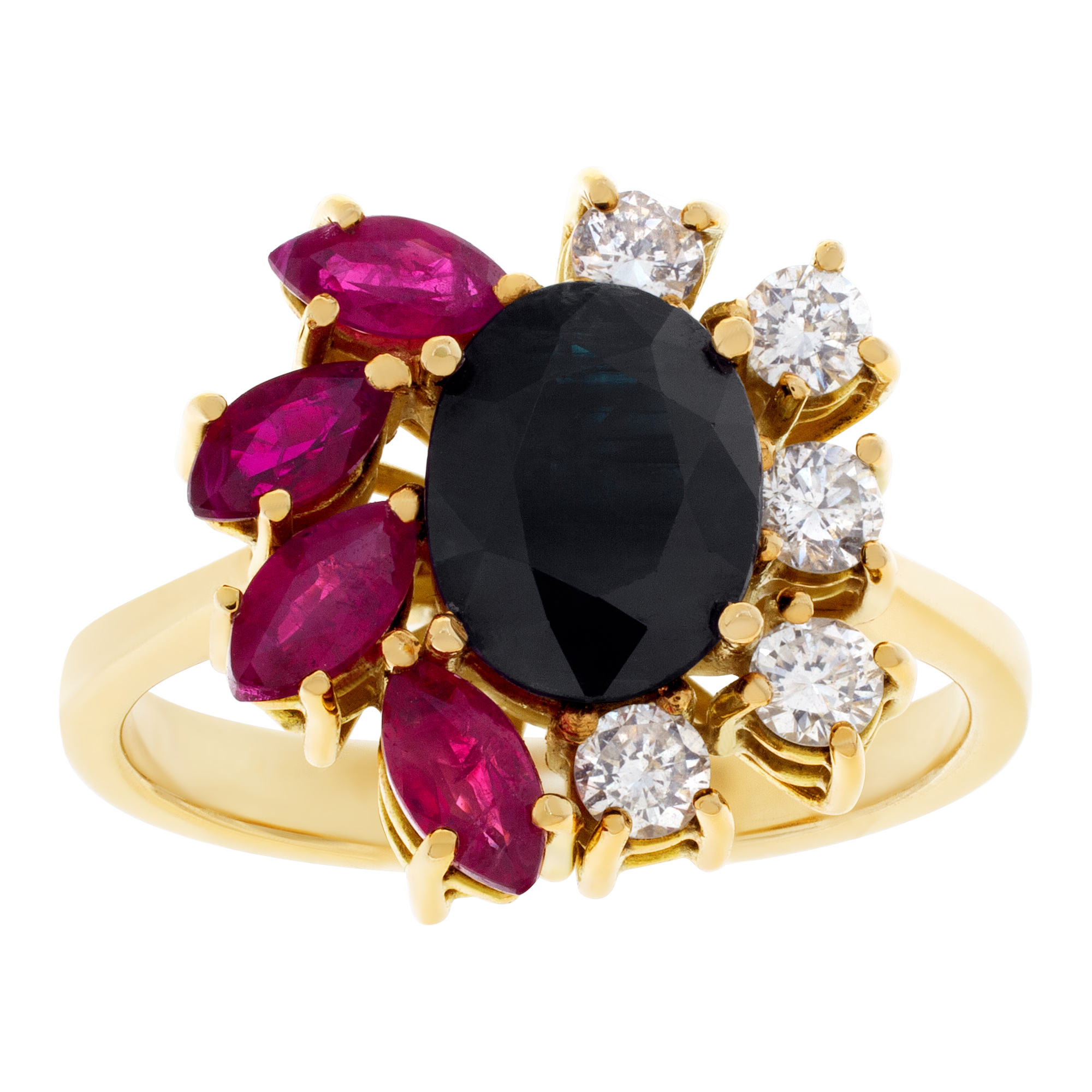 Flower style ring with rubies, sapphires and diamonds