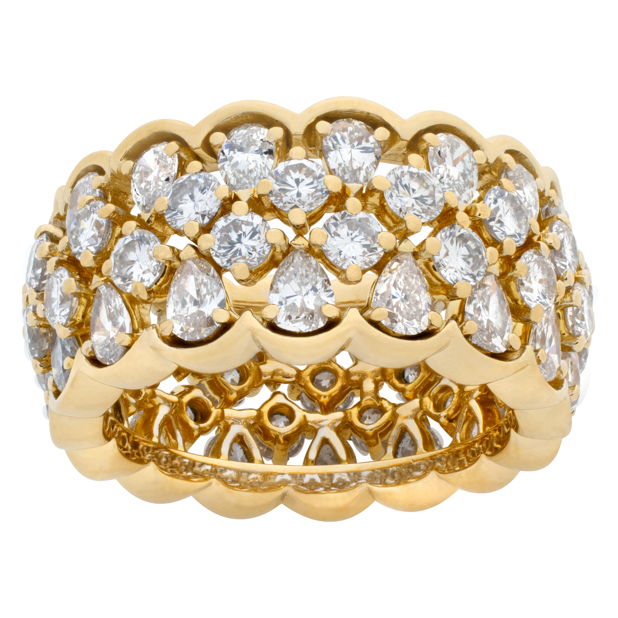 Wide "Eternity"band with approximately 5 carats full cut round brilliant & pear shape diamonds, set in 18K yellow gold