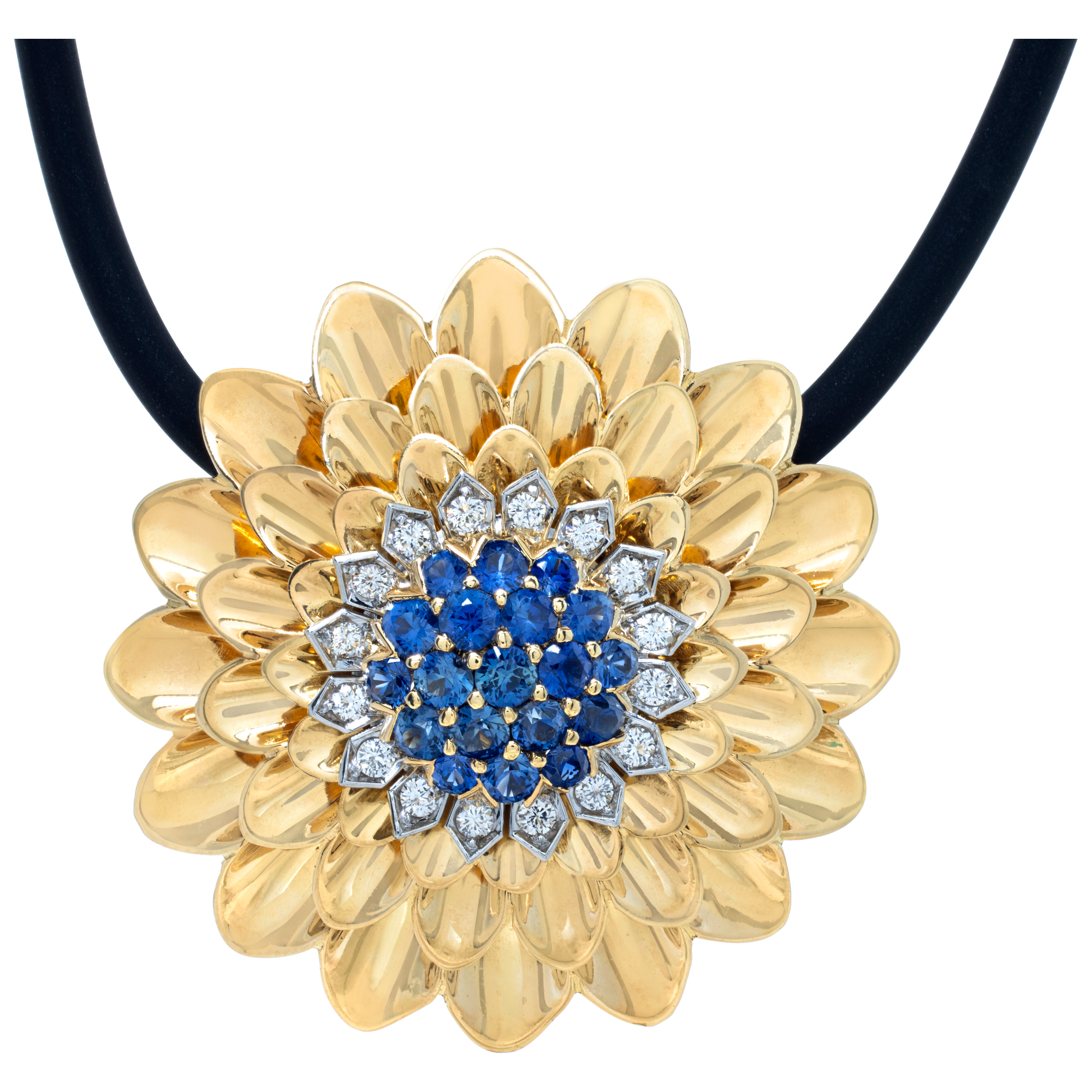 Antique diamond & sapphire "Sunburst" 18K yellow gold pendant on a rubber chocker with 18Kt yellow gold end-pieces