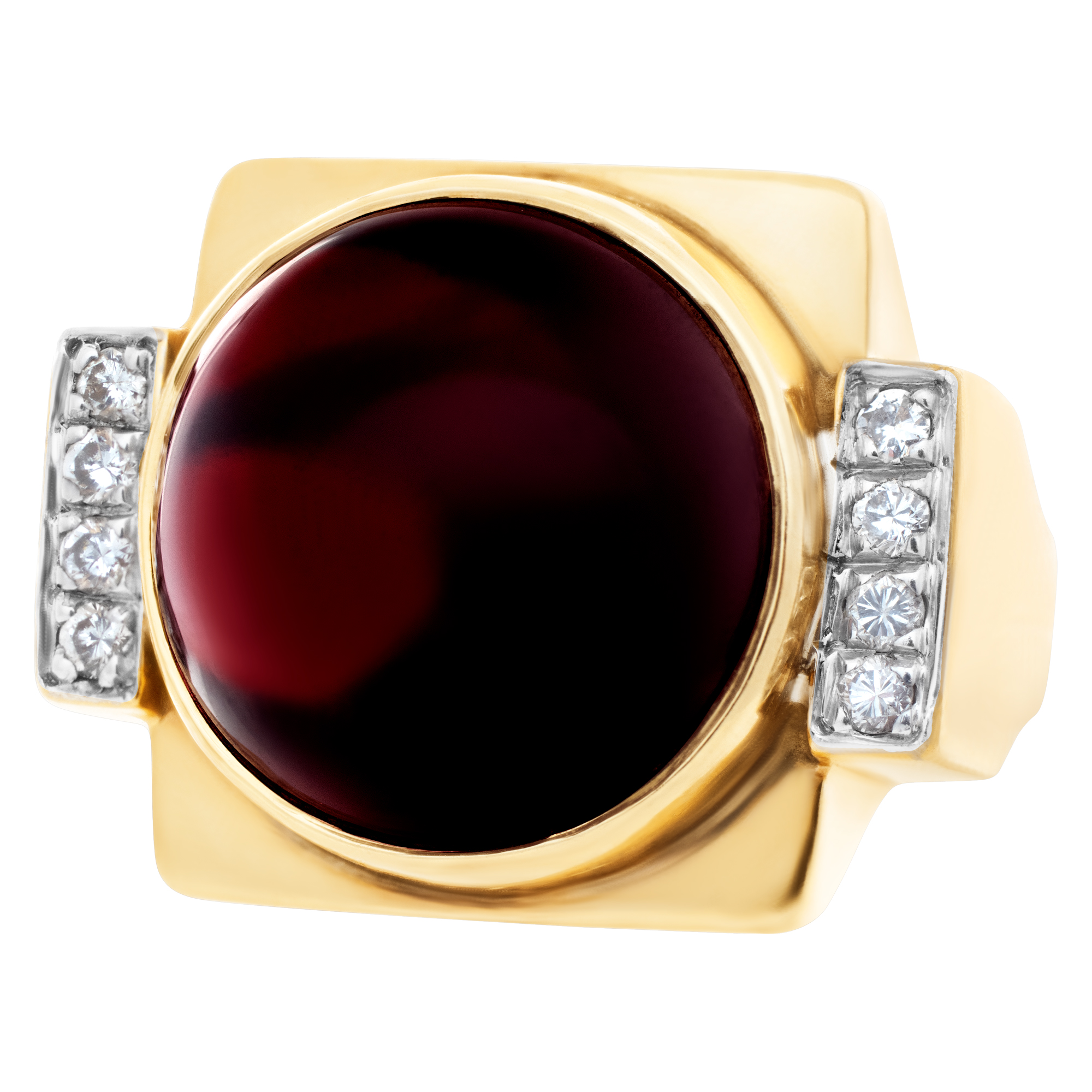 Passion Bold 14k yellow gold ring with cabochon center garnet and accent diamonds