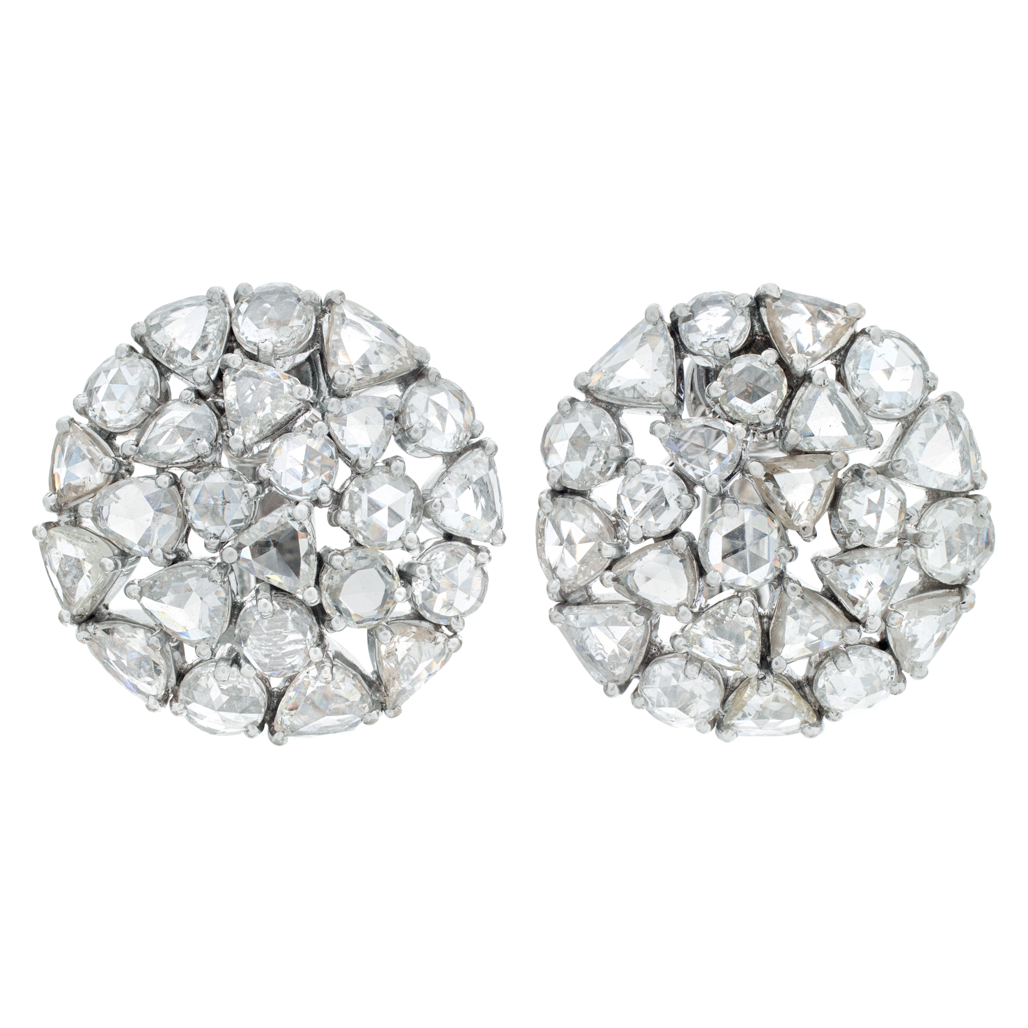 Round, triangular and pear shape, rose cut diamond earrings set in 18k white gold. Total approx. carat weight 6.82 carat