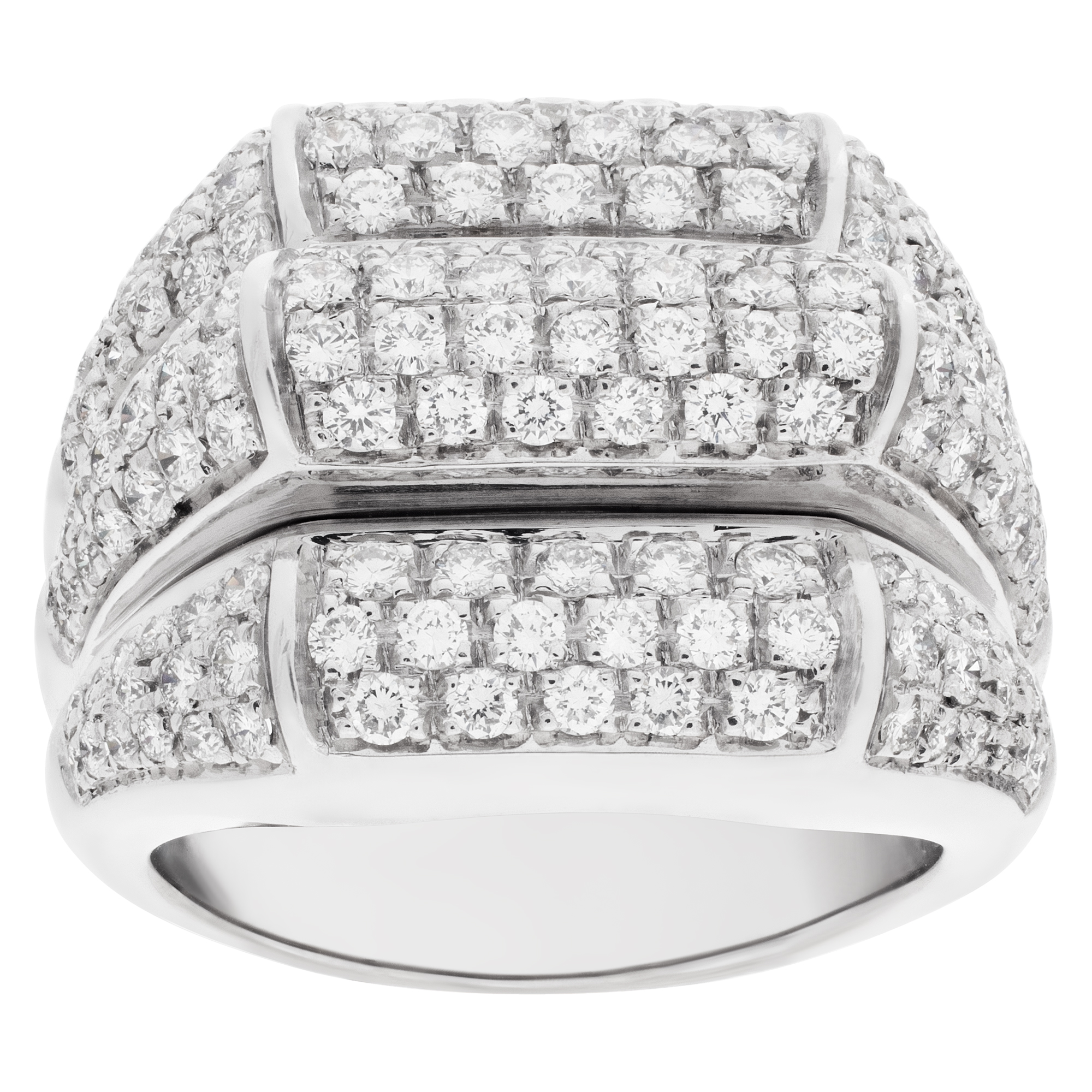 Elegant three-row pave diamond ring in 18k white gold