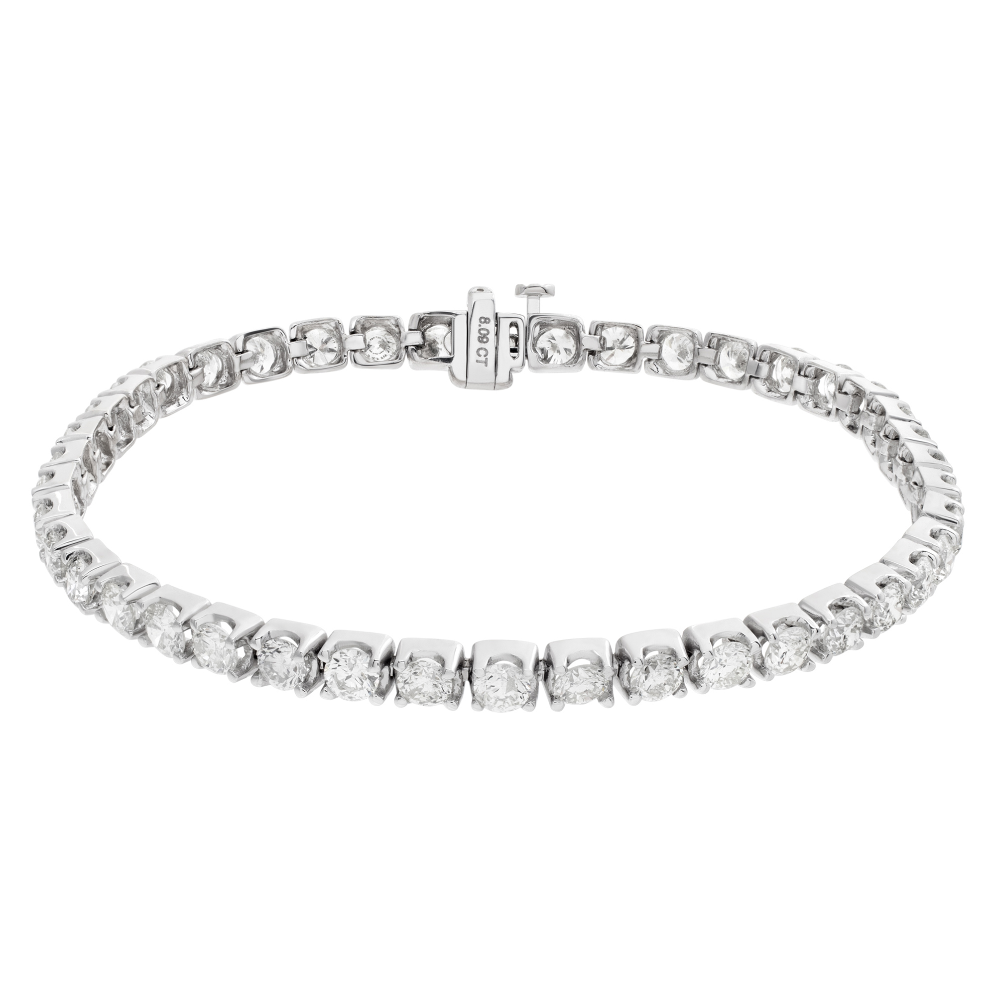 Sparkling line diamond bracelet with 8.09 carat full cut round diamonds set in 14K white gold