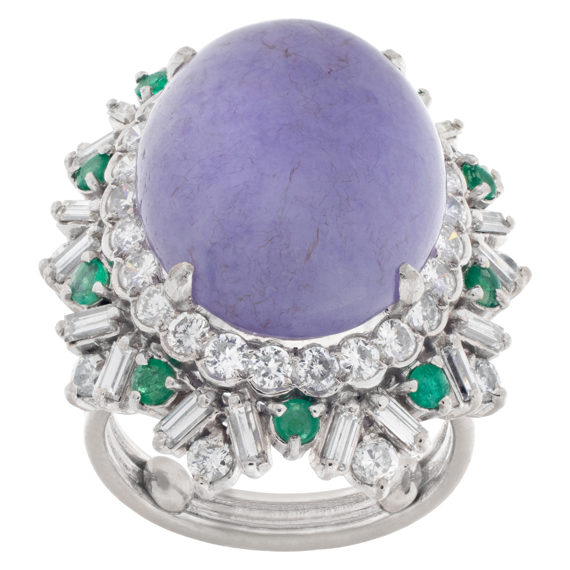 Quartz ring with diamonds and emeralds accents set in 18k white gold