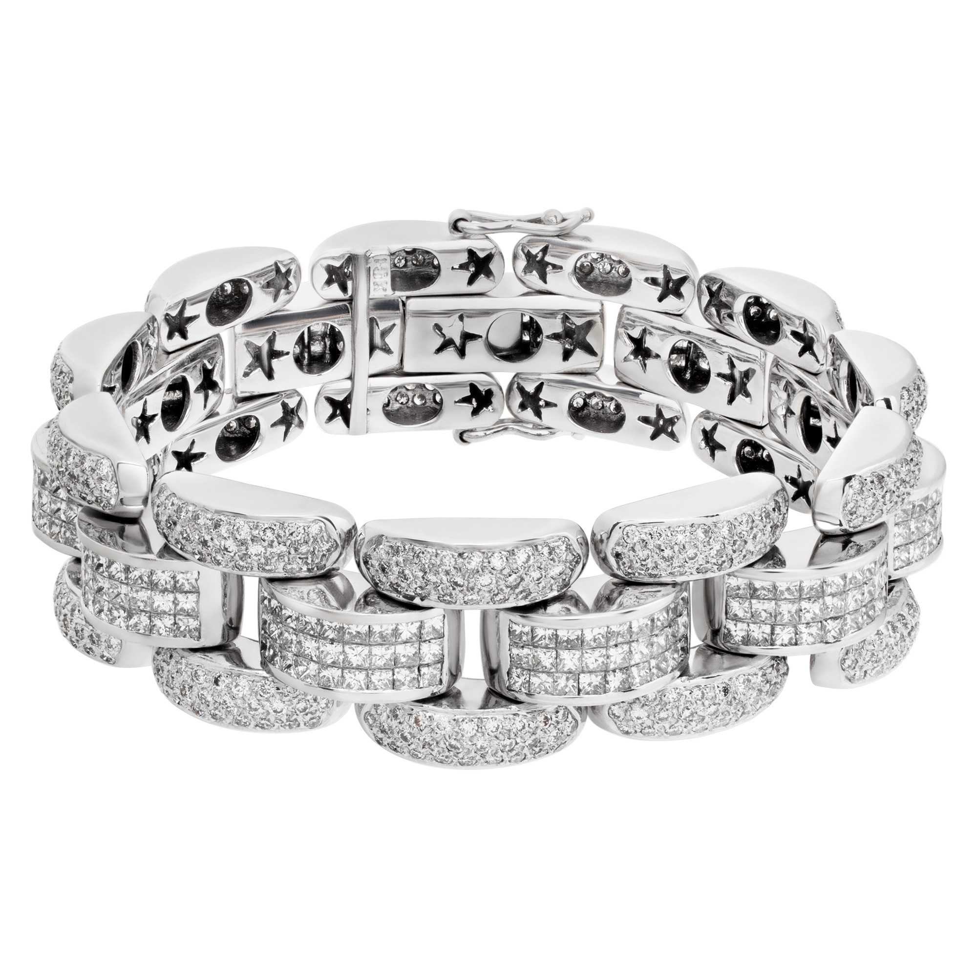 Link bracelet with invisibly set princess and round cut diamonds in 18k white gold