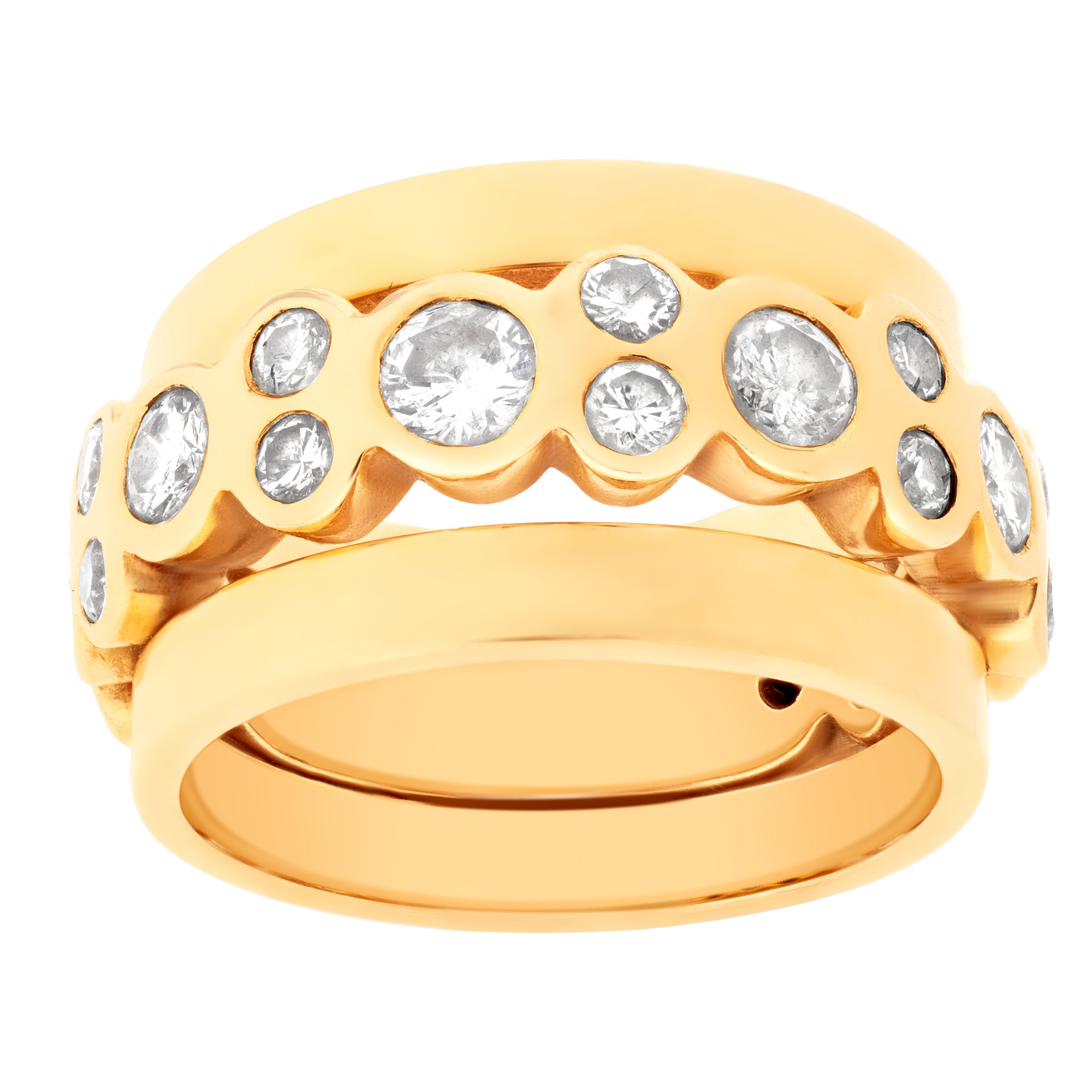 Diamonds & 18K yellow gold wide half eternity band. Approximately 1.50 carat full cut round brilliant bezeled set diamonds