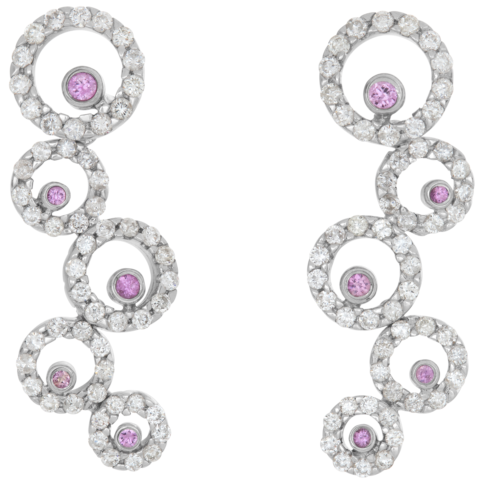 Dangling diamonds halo circle earrings with round cut Torumaline center, set in 14K white gold.