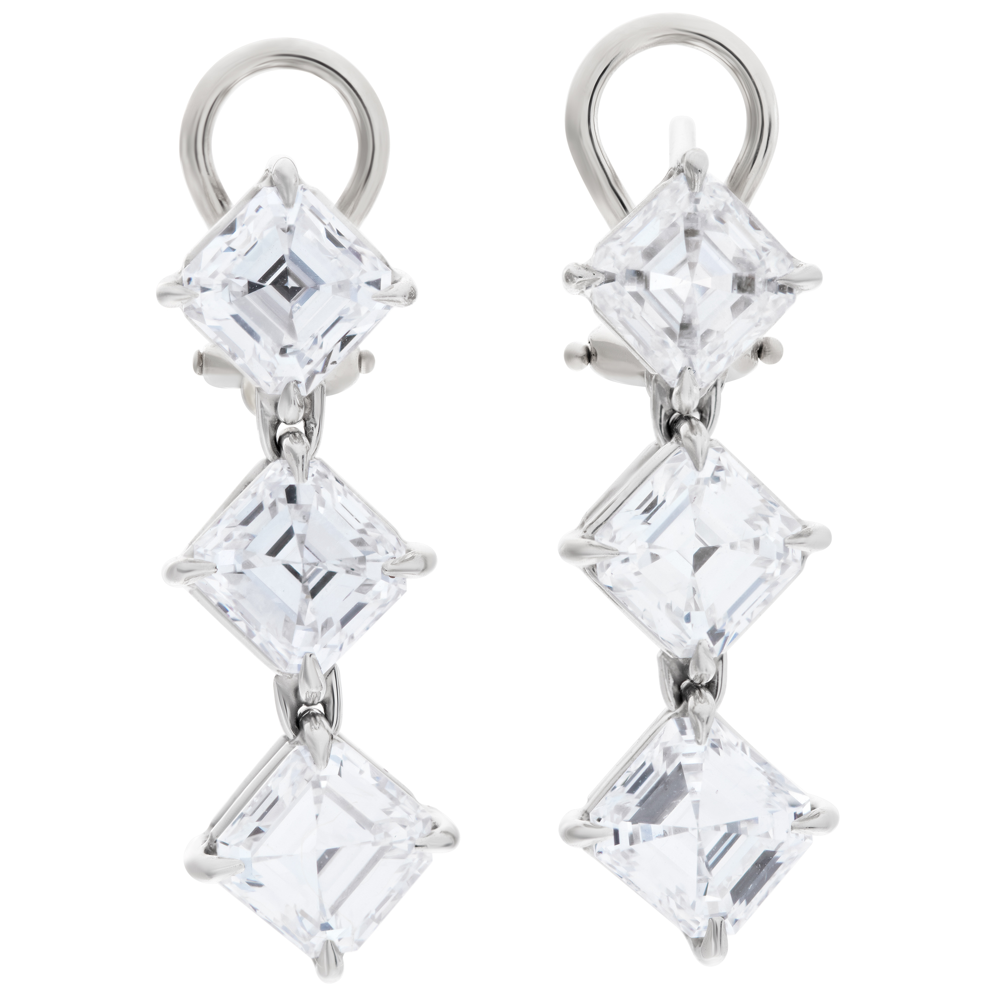 All GIA certified, 6 Asscher cut diamonds totaling 6.02 carats, set as dangling stud earrings, 14 K