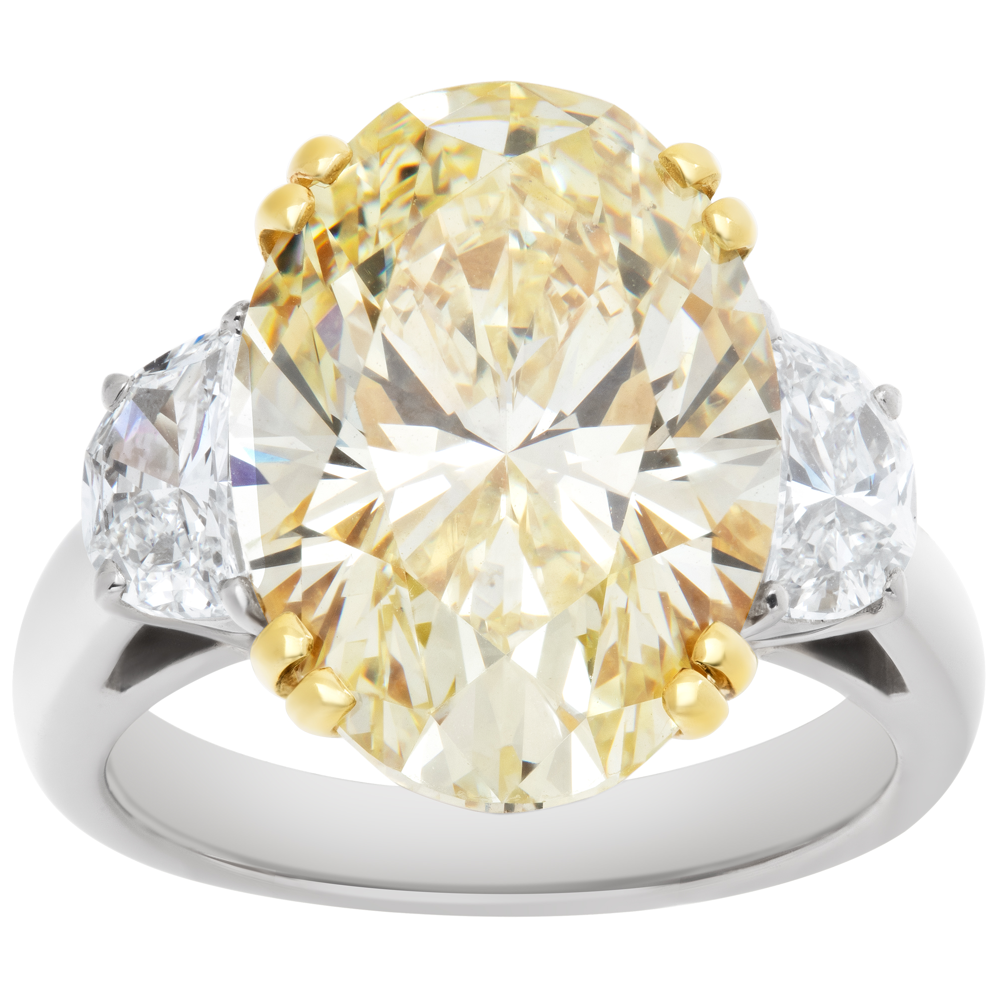 Gia Certified 8.01 carat oval fancy light yellow color- VS2 clarity, with 2 half moon cut diamonds  on each side set in Platinum and 18K yellow gold mounting.