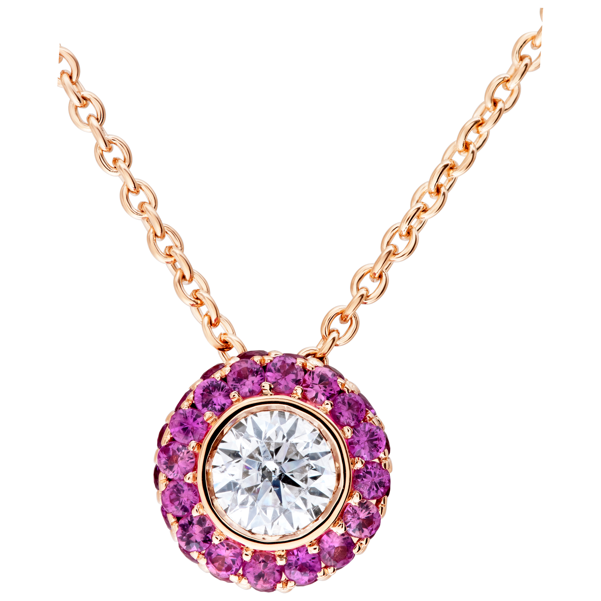 18k rose gold necklace with 0.27 carat diamond and 0.52 carat in pave pink sapphires on pendant