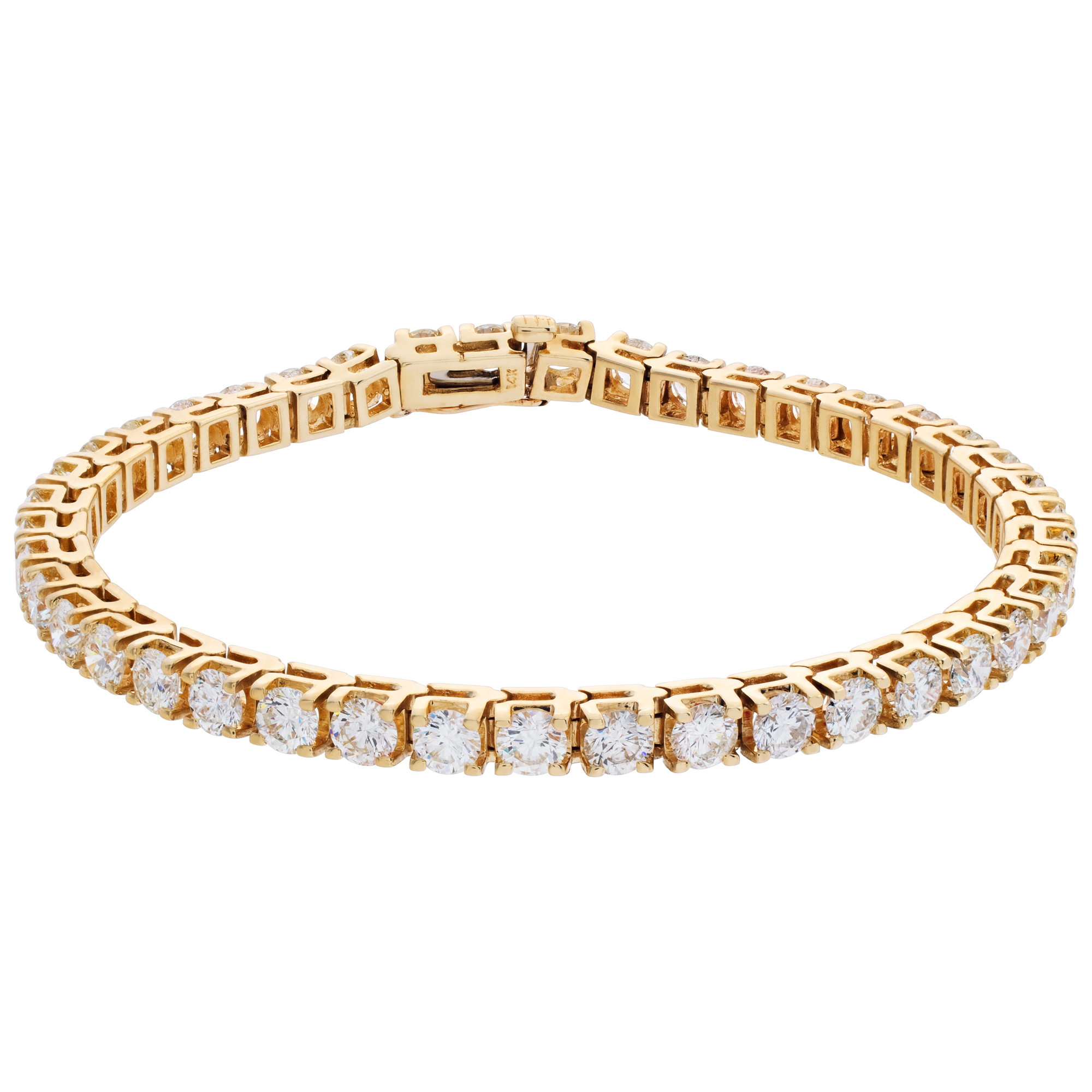Diamonds line bracelet with approx 7.60 carats round brilliant cut diamonds, set in 14K yellow gold.