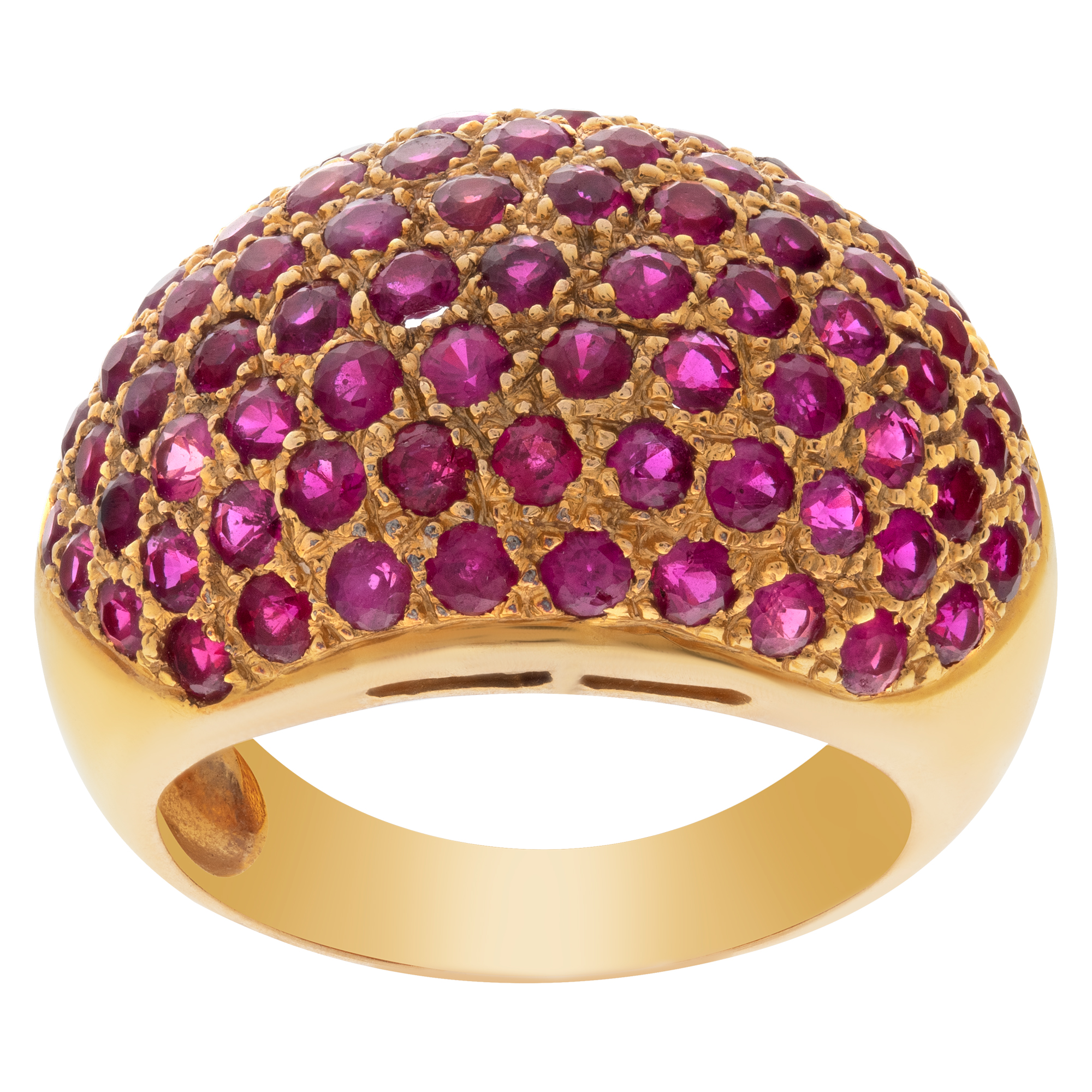 Round brilliant cut rubies set in 18K rose gold ring. Total rubies approximate weight: 3.0 carats.