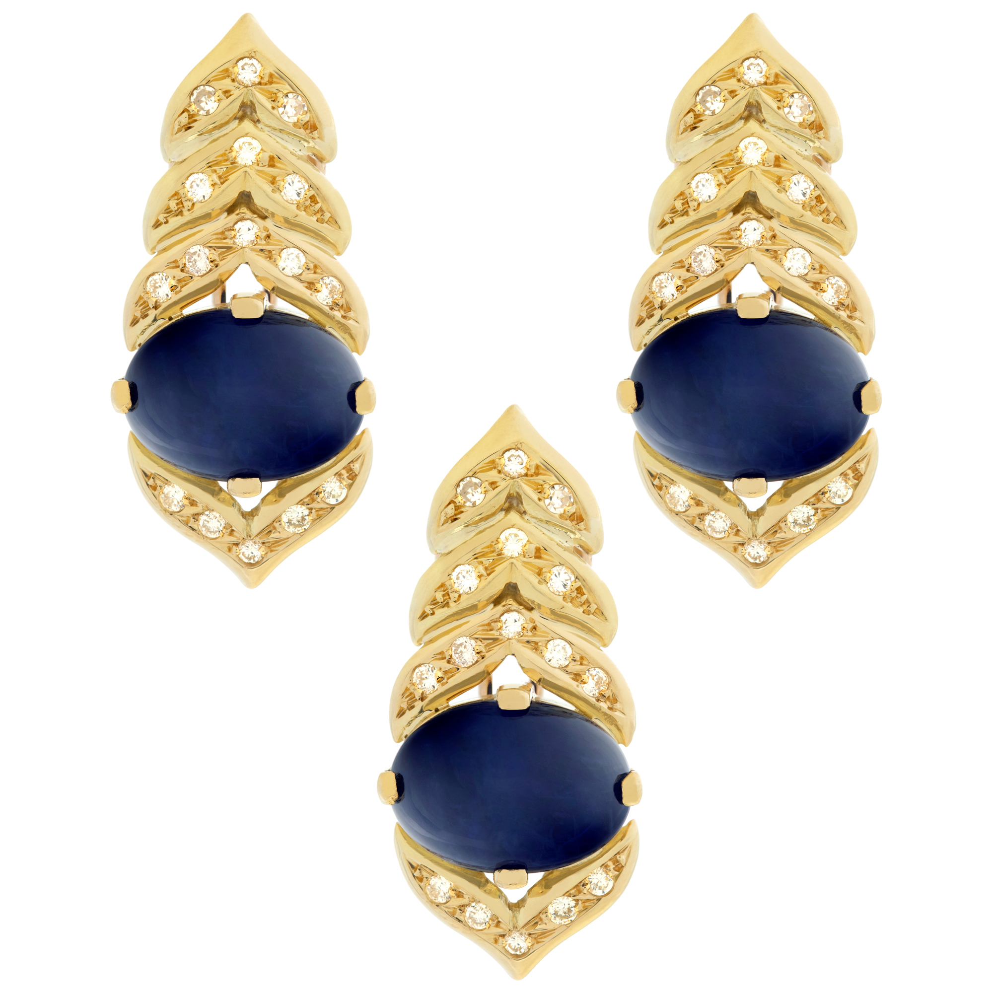 Cabochon Sapphire and round  brilliant cut diamonds 3 pieces pendant and earrings set, in 18k yellow gold