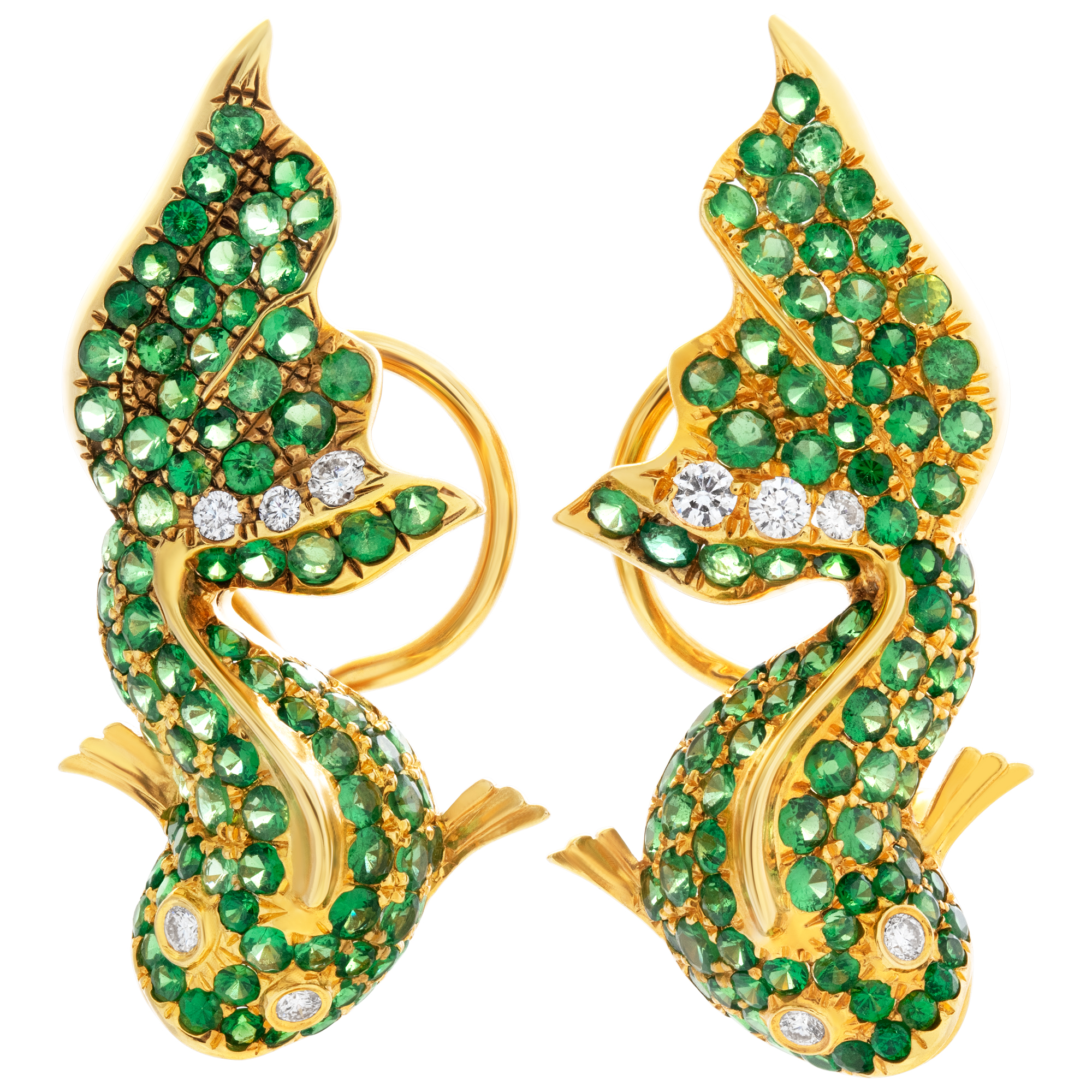 Koy Fish Earrings in 18k yellow gold with pave peridot and diamond accents