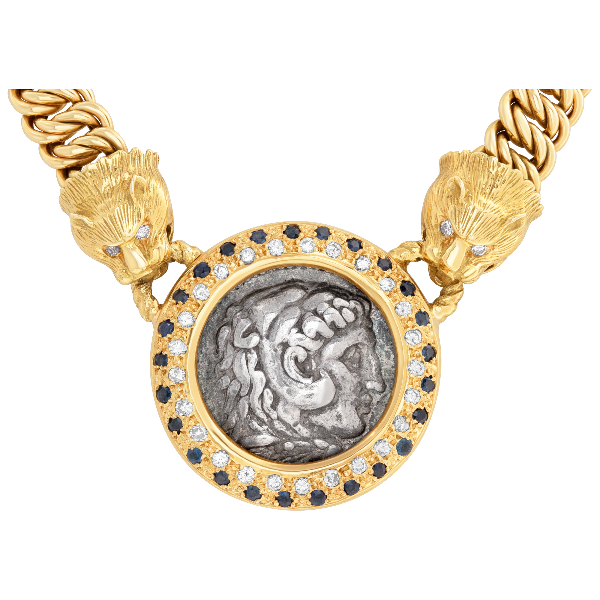 Chain/necklace with Alexander the Great, greek drachma coin center pendant, set in 14k gold, with diamonds & sapphires.