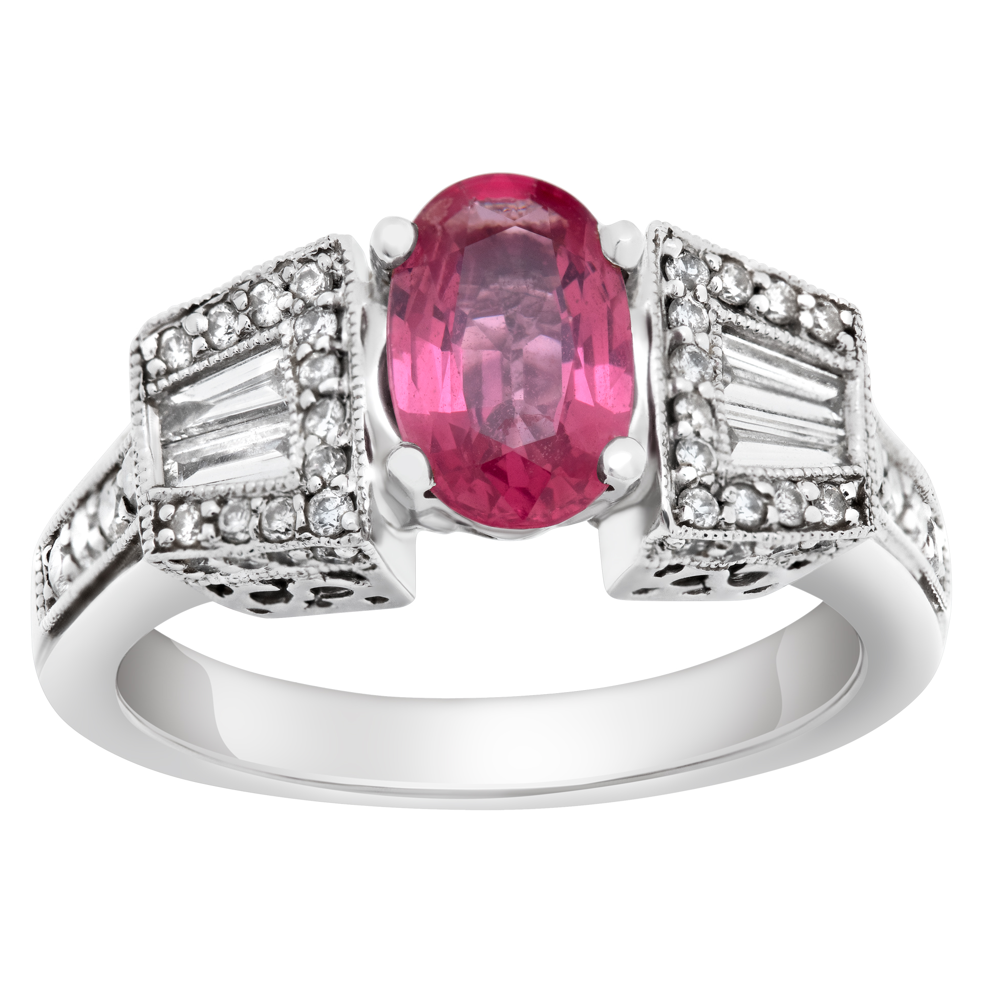 Oval brilliant cut pink spinel (approx. 2 carats) & diamonds ring set in 14K white gold