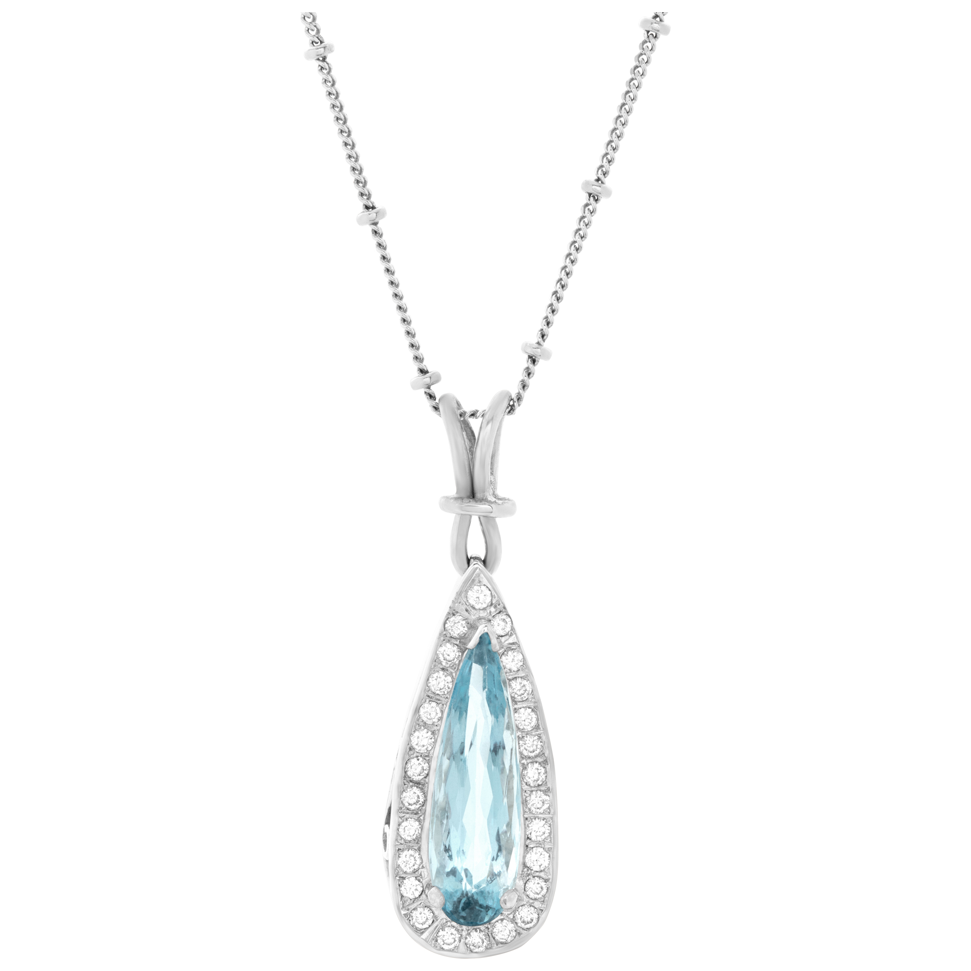 Brilliant cut pear shape blue topaz & diamonds pendant with 14k white gold chain.