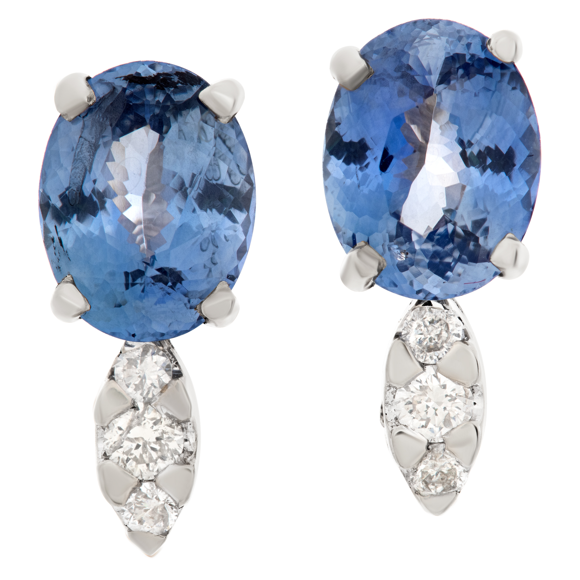 Oval brilliant cut tanzanite & diamonds stud earrings set in 14k white gold.