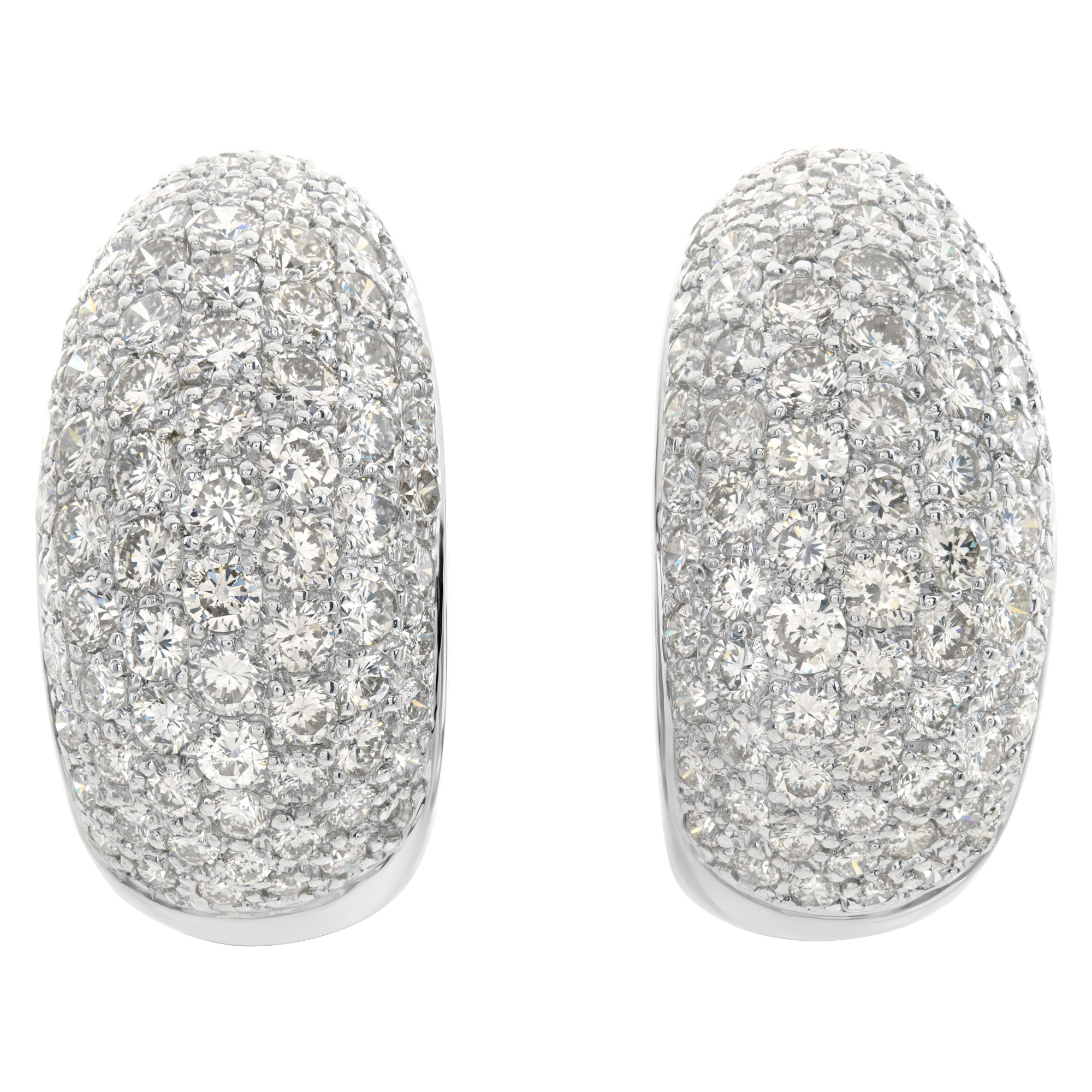 Half hoop diamonds earrings in 18k white gold. Round brilliant cut diamonds total approx. weight over 4 carats
