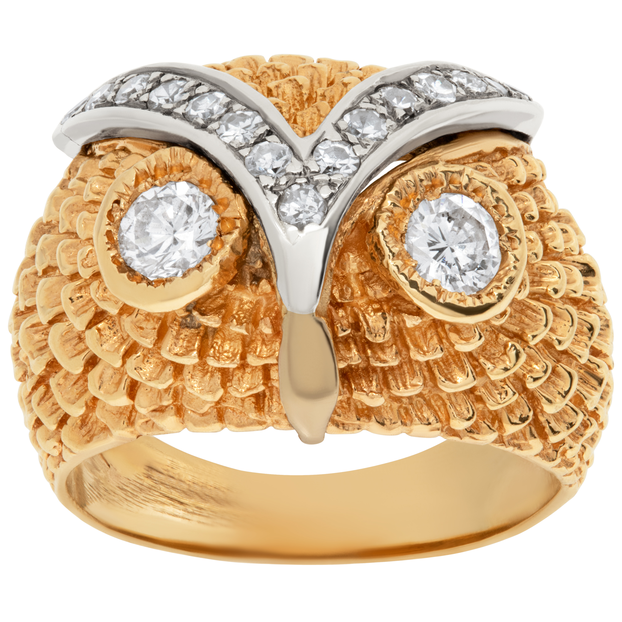 Owl face ring in 14k with diamonds