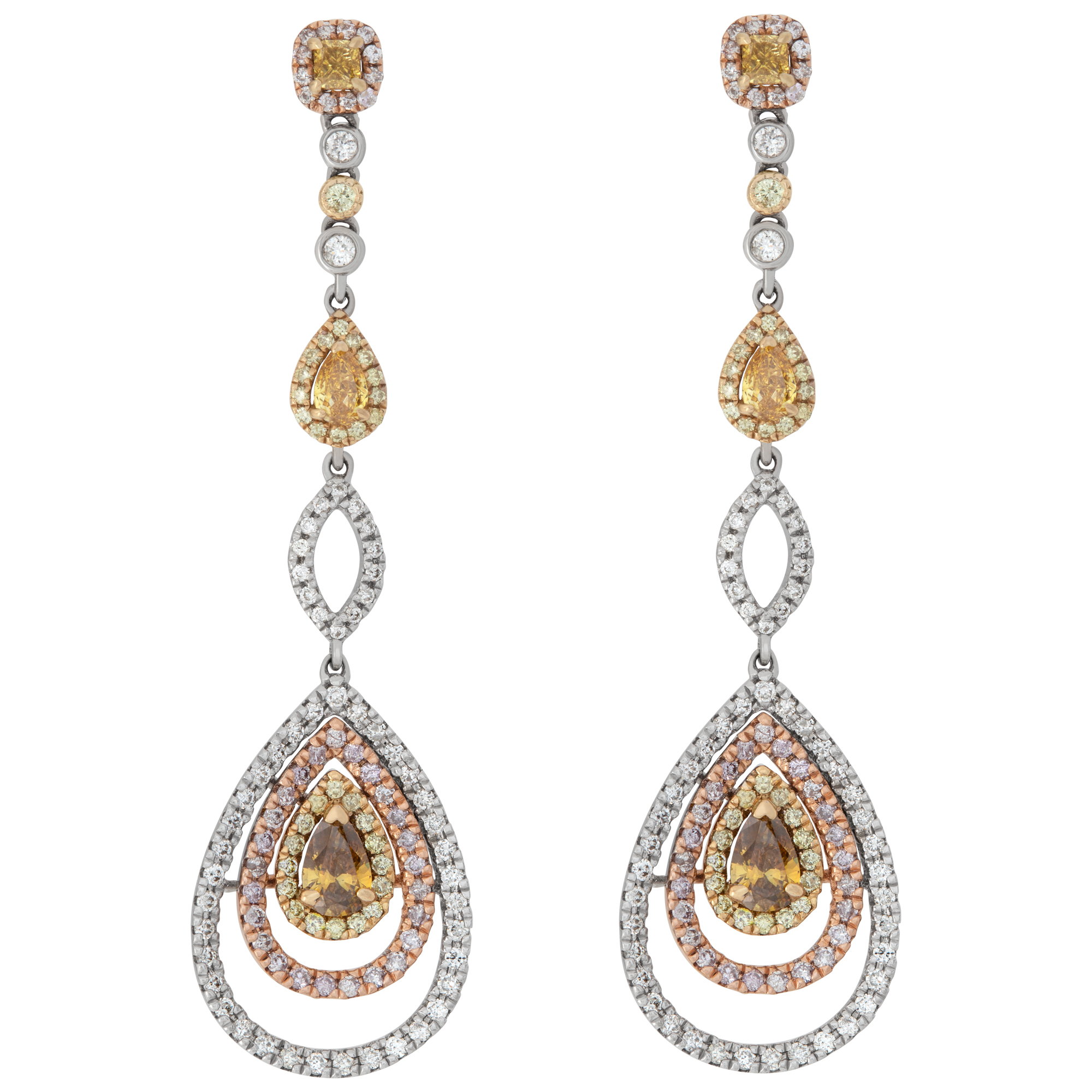 GIA certified diamond drop chandelier earrings in 14k white, yellow & pink gold;