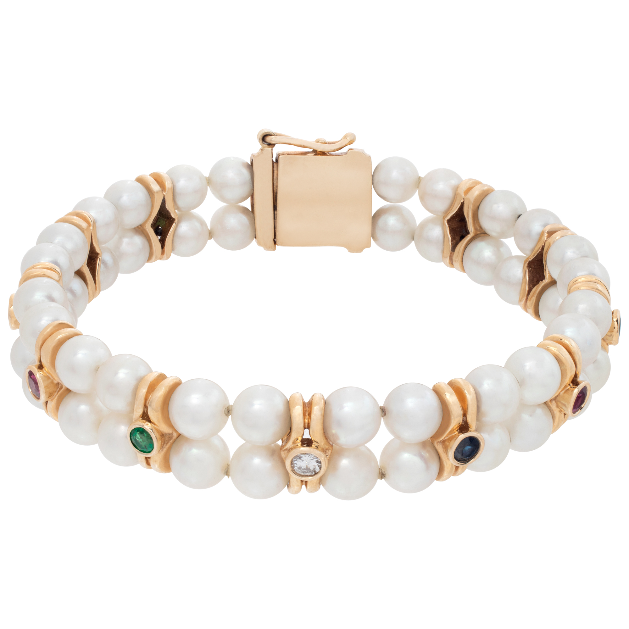 Fresh water pearl bracelet with rubies, diamonds, sapphires and emeralds,set in 14k yellow gold