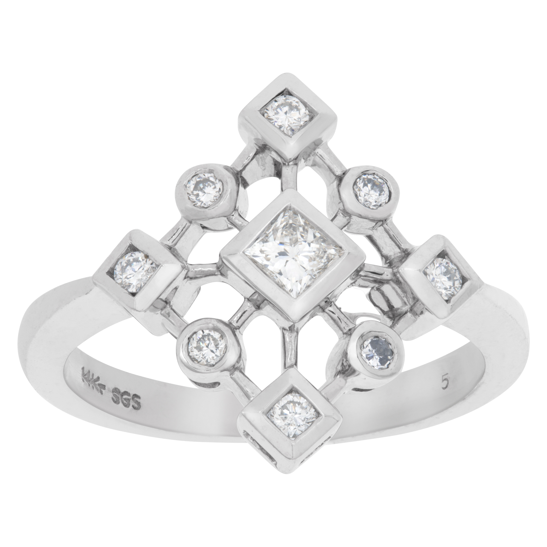 14k white gold snowflake ring with 0.25 carat in princess cut and round diamonds