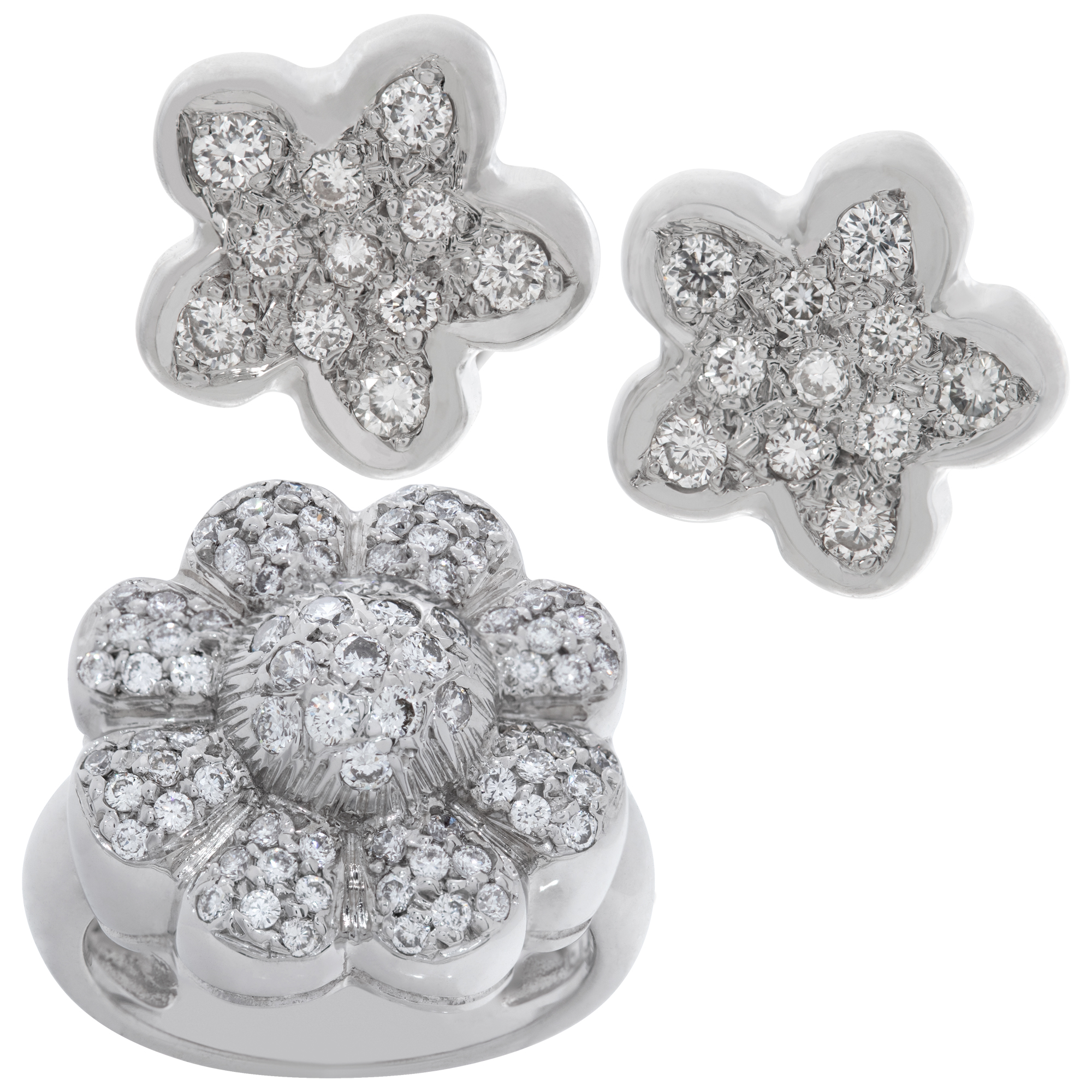 Flower diamond earrings and ring set in 18k white gold