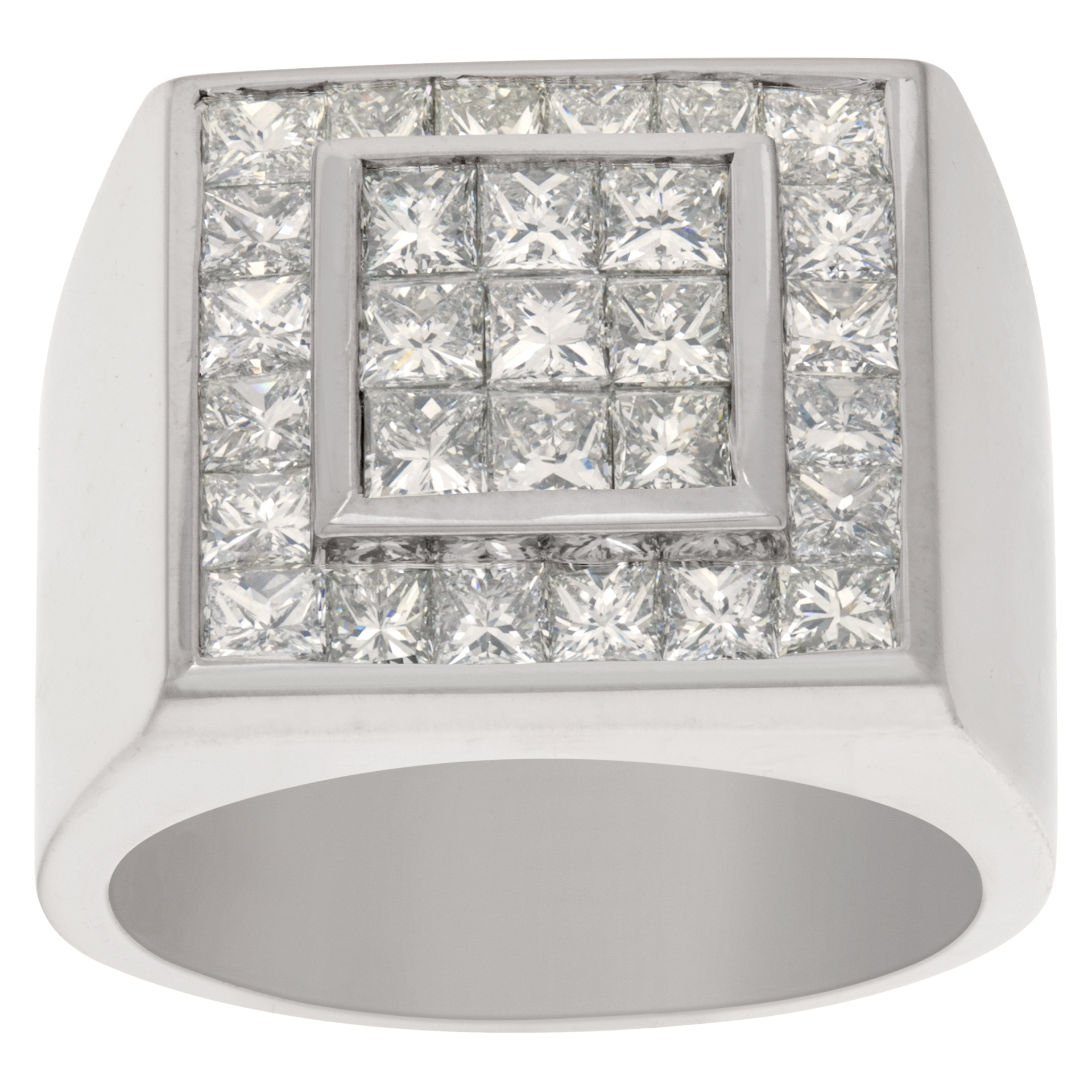 Men's 18k white gold princess cut chanel set ring with 4.1 carats in diamonds