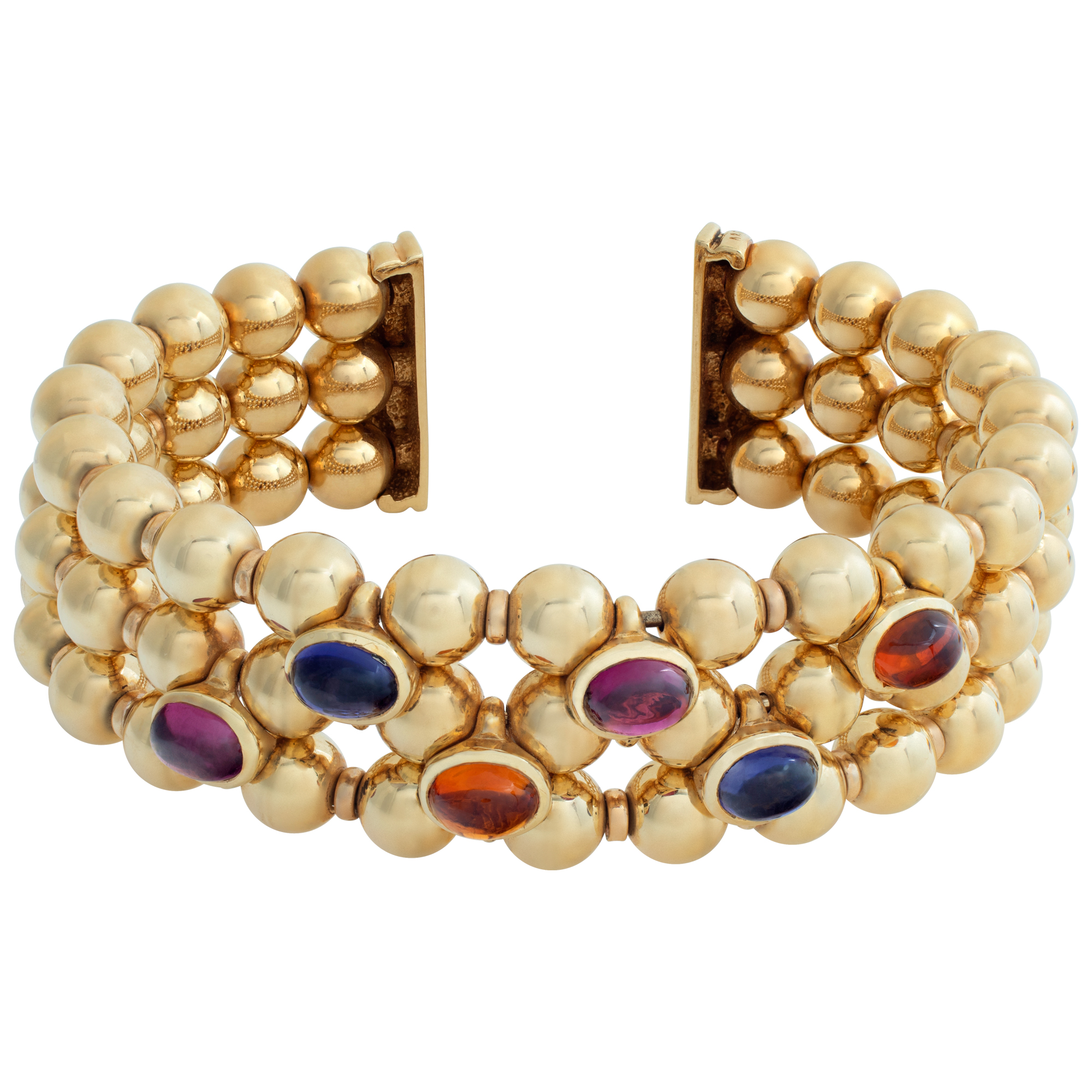 Gold bead flexible cuff with colored cabochon stones in 14k yellow gold