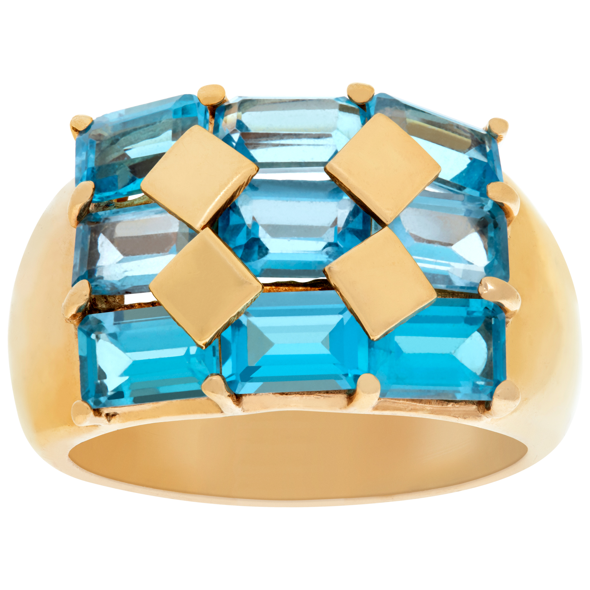 Blue Topaz checkered ring in 18k yellow gold