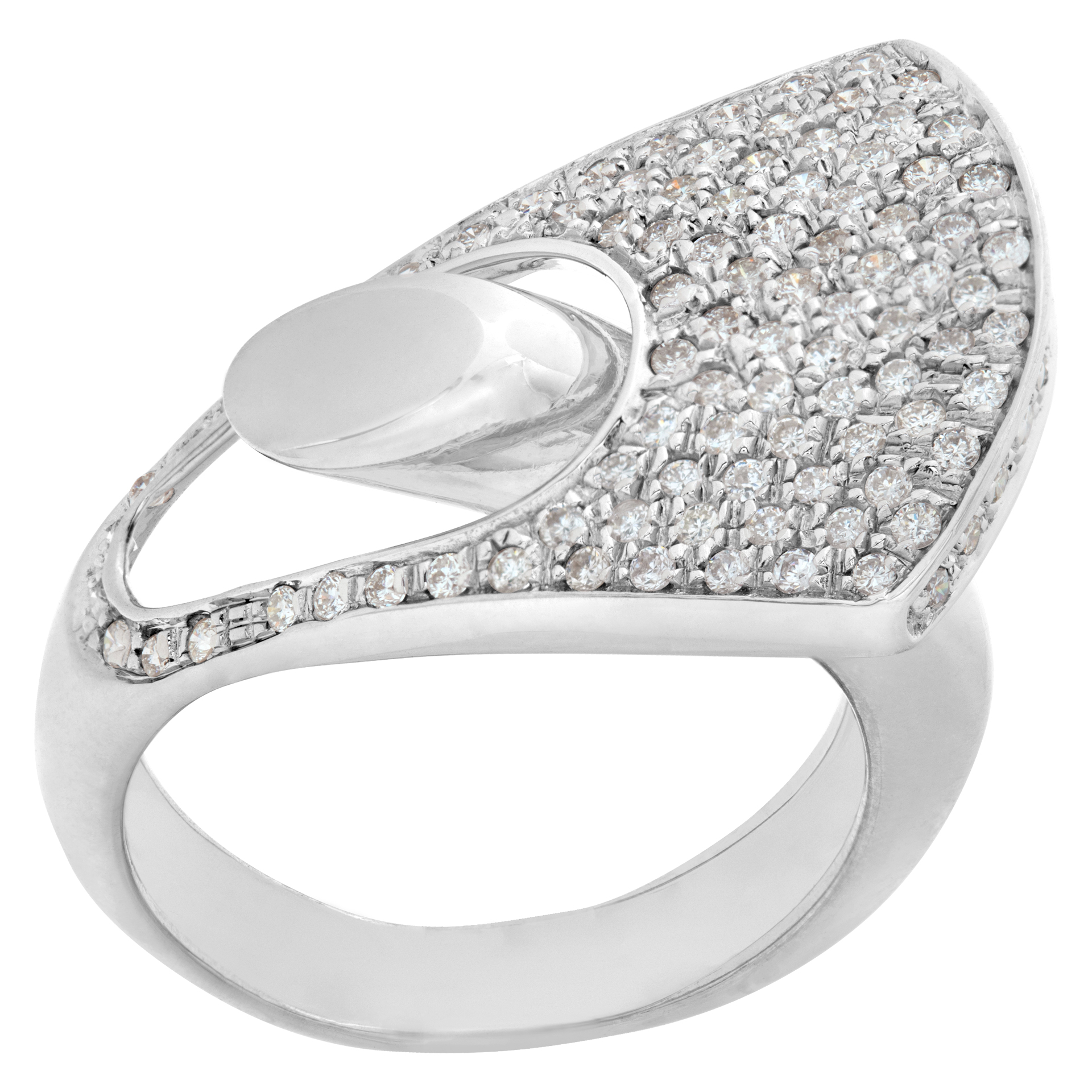 Pave diamond bypass ring in 18k white gold with over 1 carats in pave set round brilliant cut diamonds