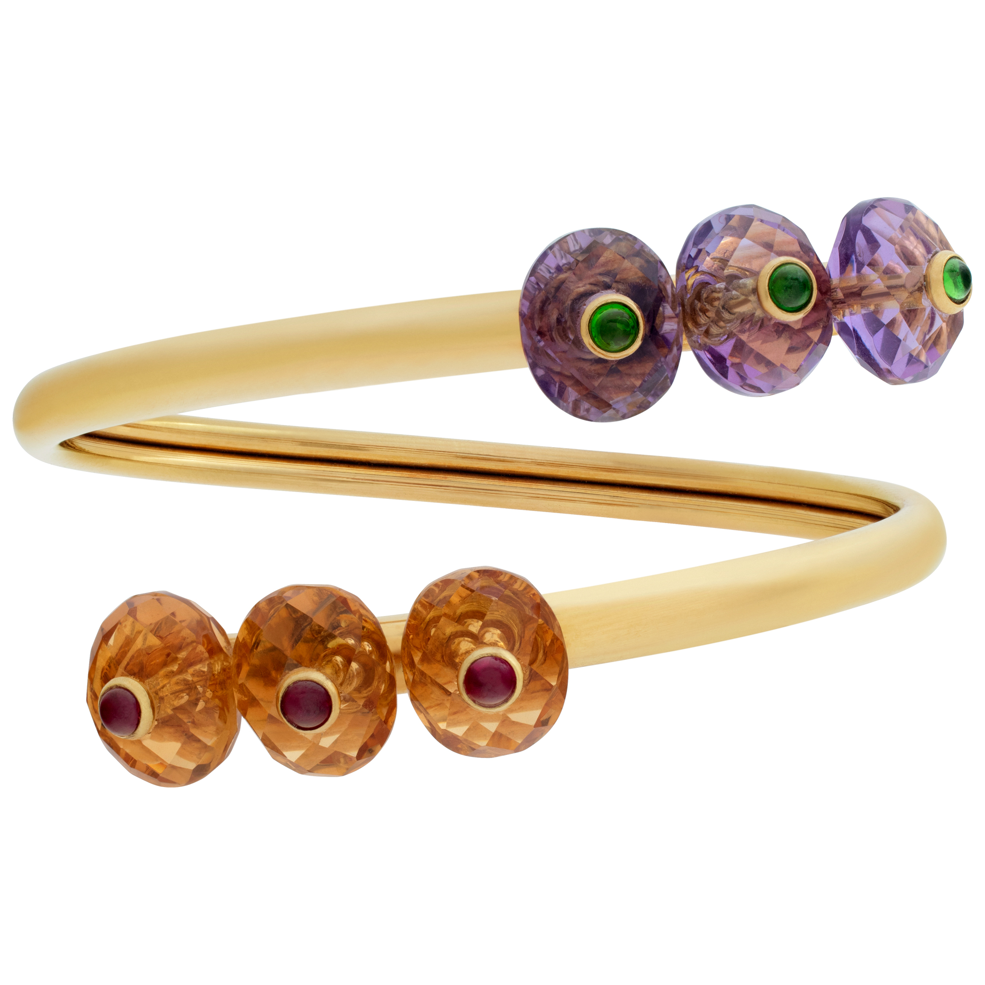 Oval brilliant faceted cut  Amethyst and Citrine with cabochon emeralds and rubies center, criss cross bangle, in 18K yellow gold.