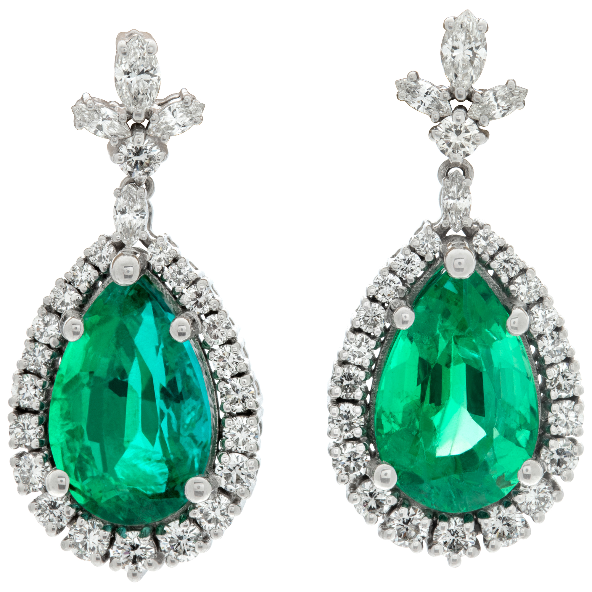 Emerald and diamond dangling earrings in 18k white gold