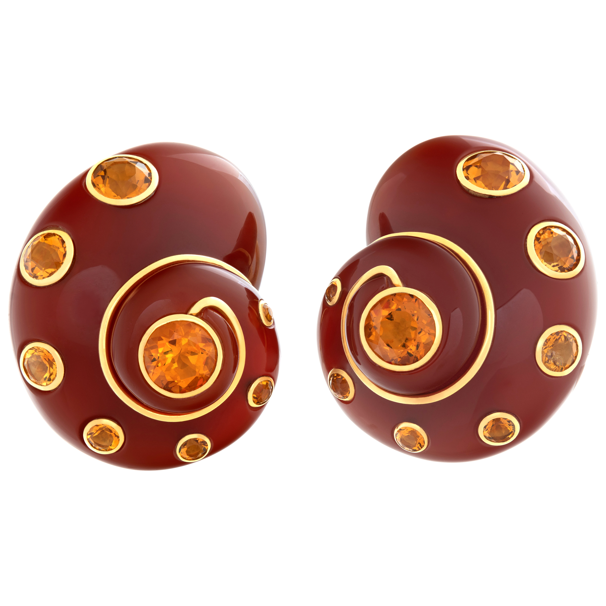 Verdura 18k yellow gold carnelian shell earrings with round brilliant cut imperial topaz
